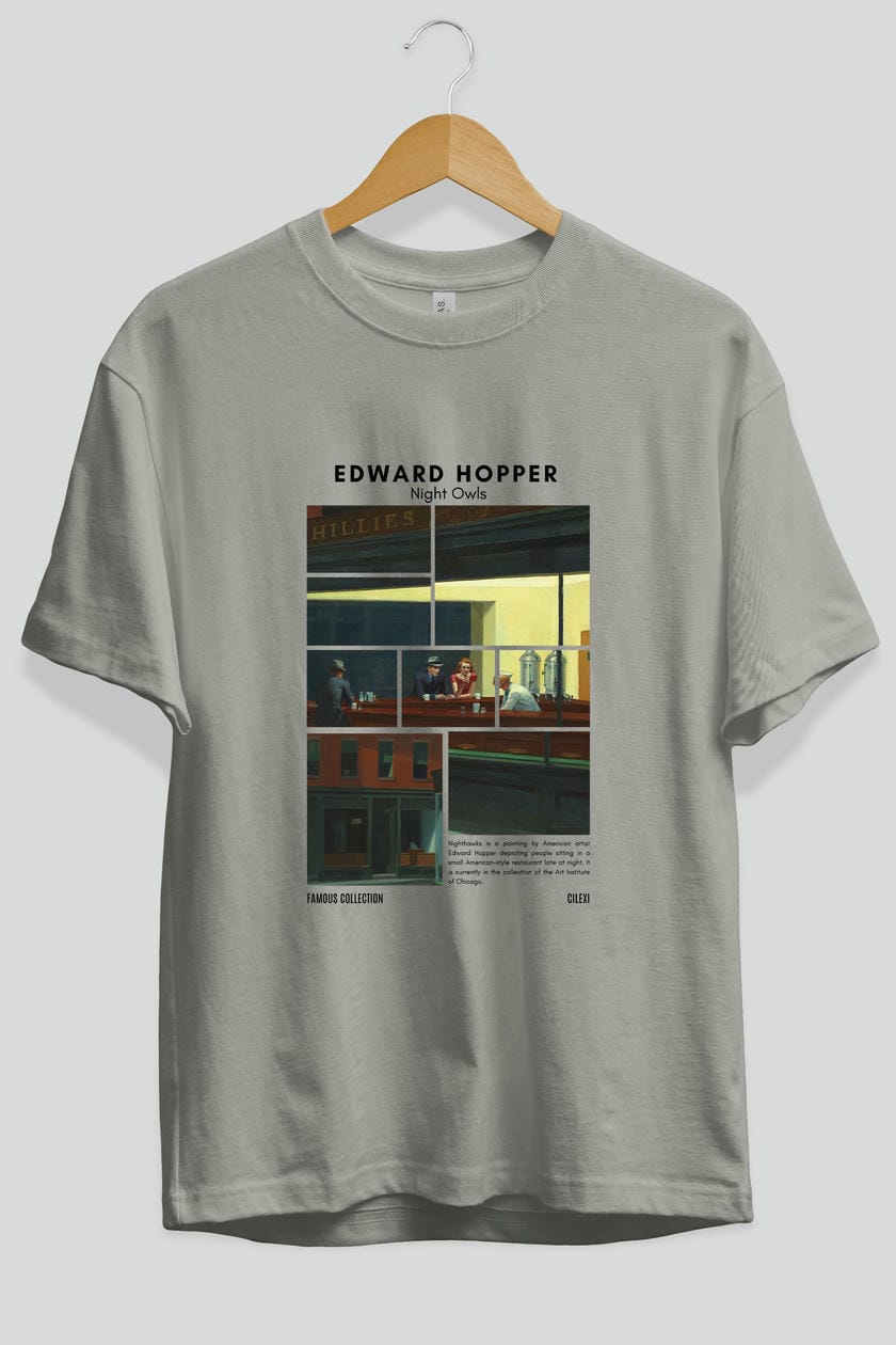 Edward Hopper Night Owls ön Baskılı Oversize t-shirt Erkek Kadın Bisiklet Yaka Pamuk tişort