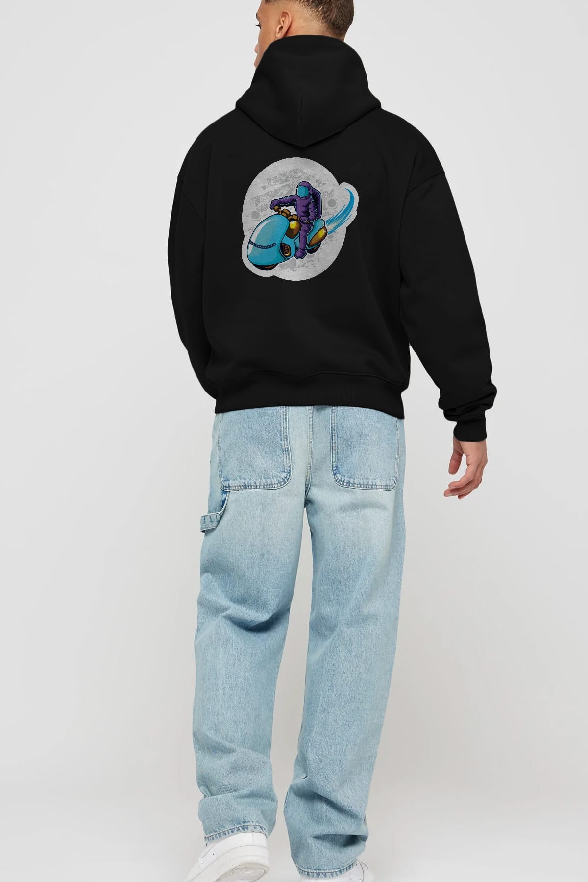 Astrorider in Space Sticker Arka Baskılı Hoodie Oversize Kapüşonlu Sweatshirt Erkek Kadın Unisex