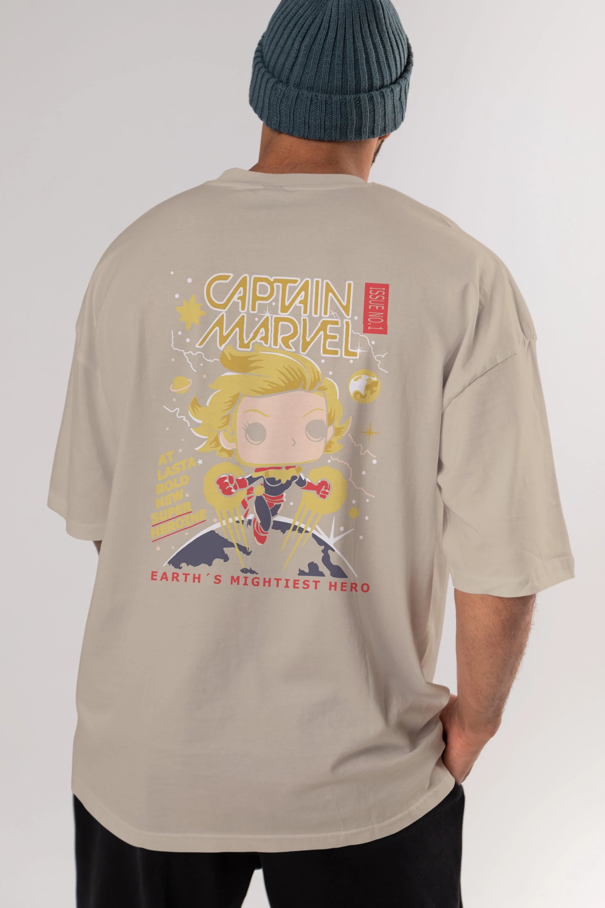 Captain Marvel Arka Baskılı Oversize t-shirt Erkek Kadın Unisex %100 Pamuk Bisiklet Yaka tişort