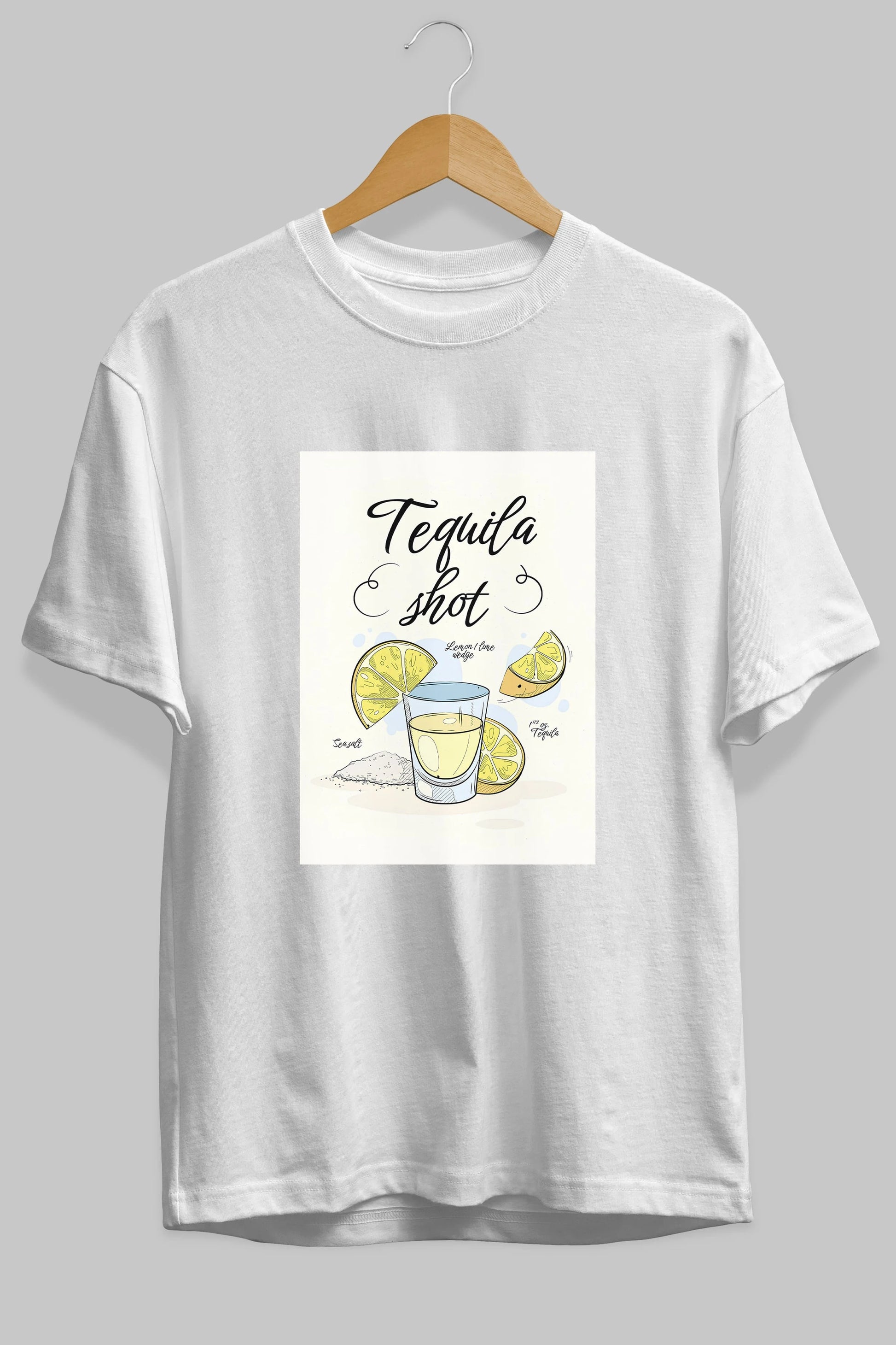 Tequila Shot Ön Baskılı Oversize t-shirt Erkek Kadın Unisex %100 Pamuk Bisiklet Yaka tişort