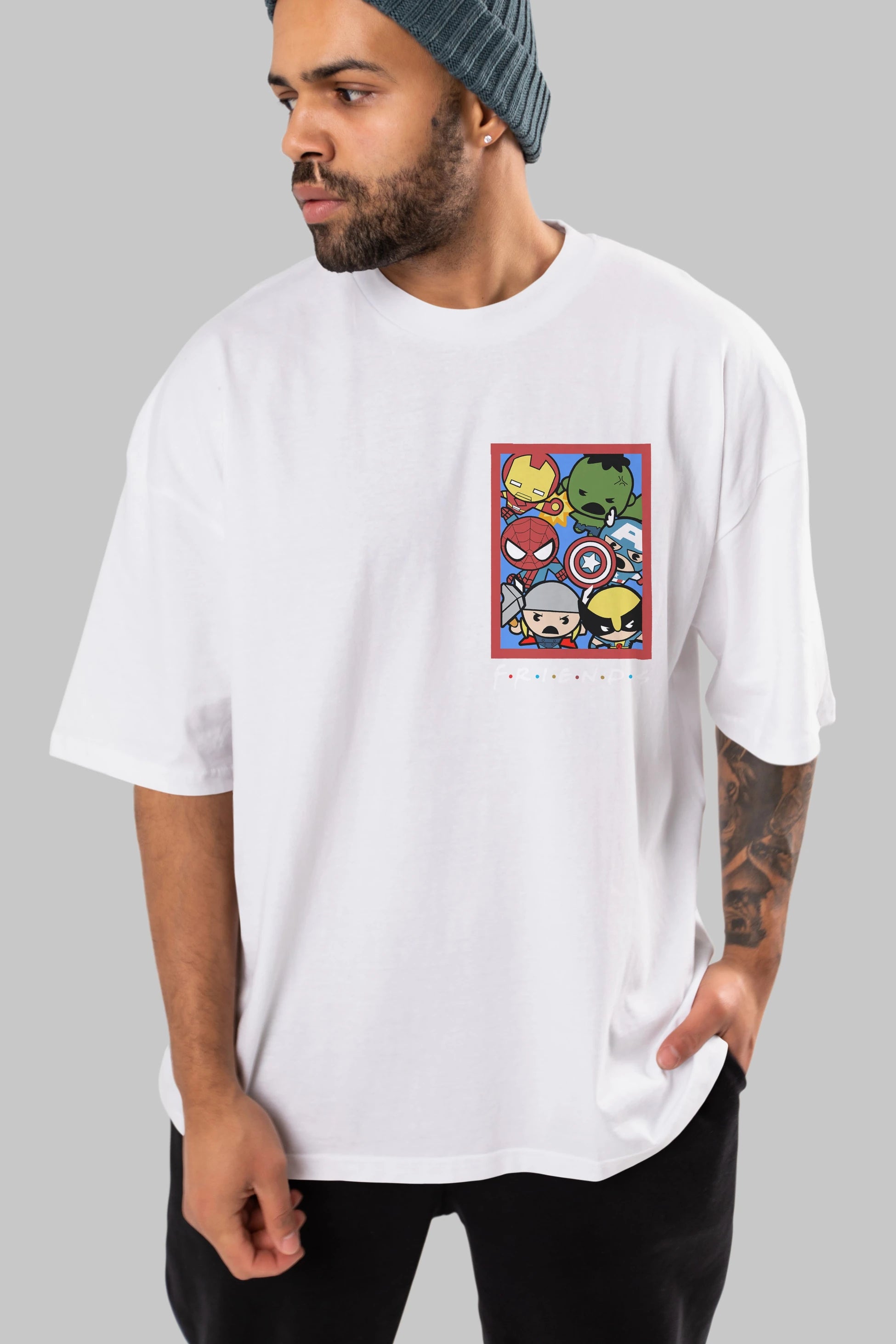 Friends Avenger Ön Sol Baskılı Oversize t-shirt Erkek Kadın Unisex %100 Pamuk Bisiklet Yaka tişort