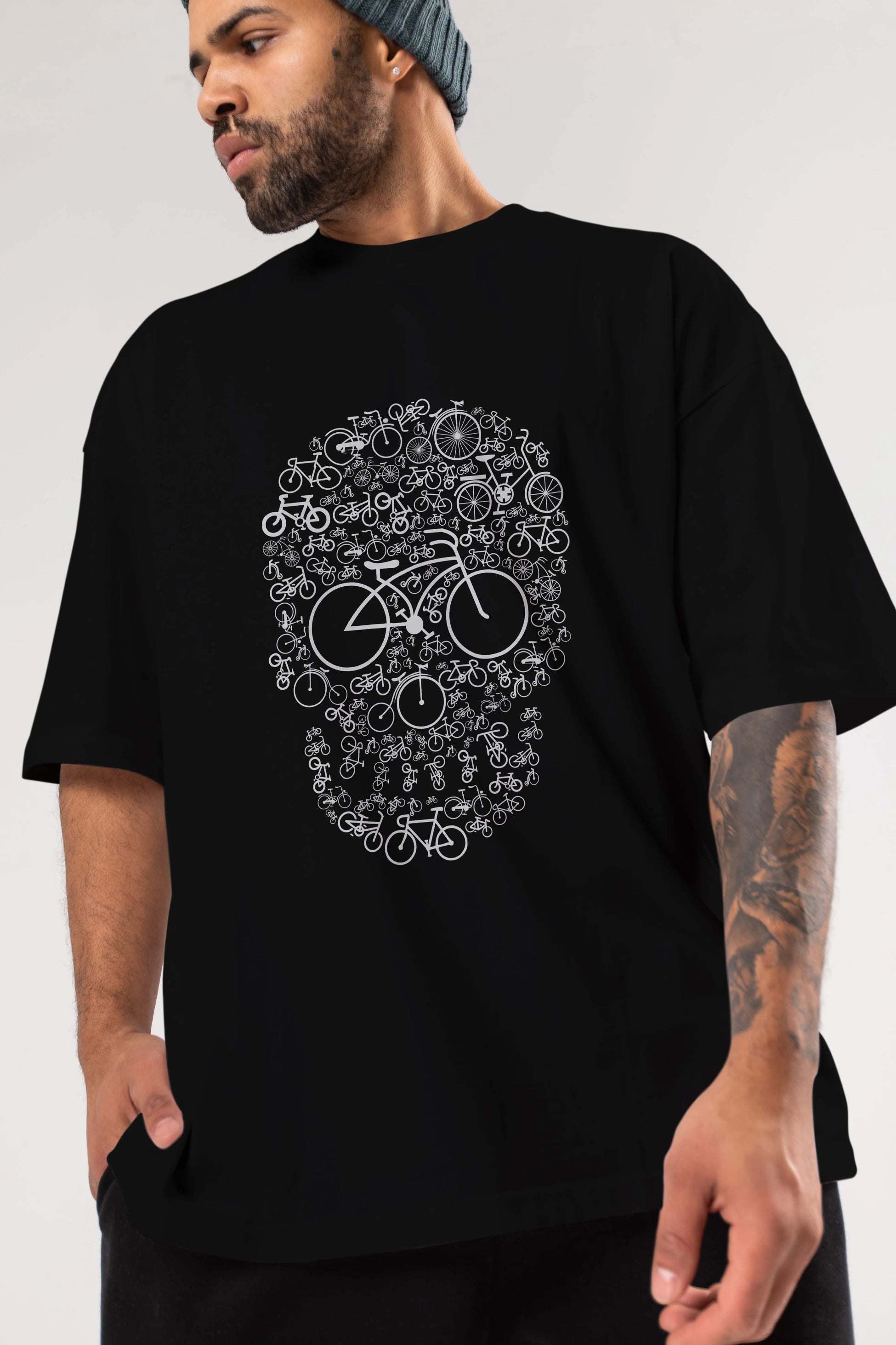 Bicycle Skull Ön Baskılı Oversize t-shirt %100 pamuk Erkek Kadın Unisex