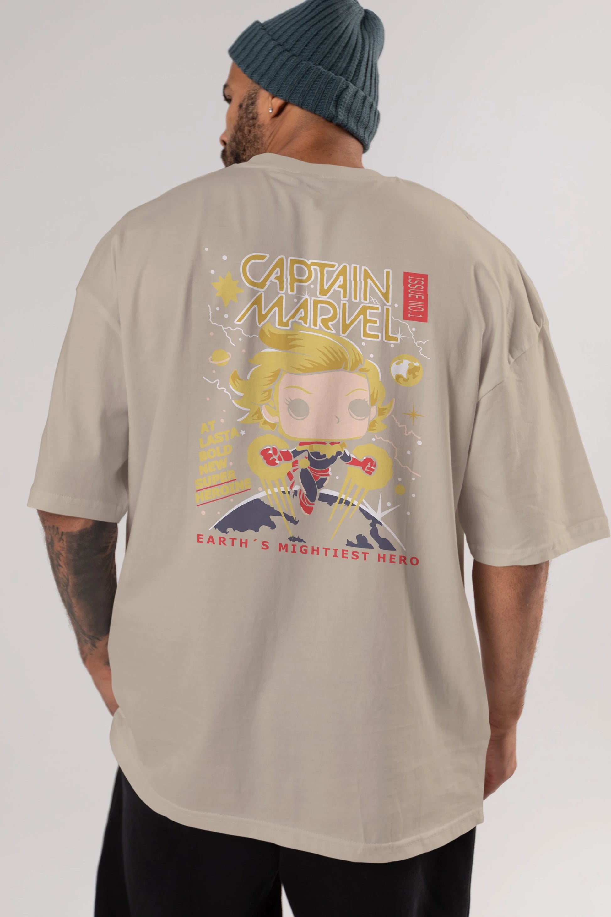 Captain Marvel Arka Baskılı Oversize t-shirt Erkek Kadın Unisex %100 Pamuk Bisiklet Yaka tişort