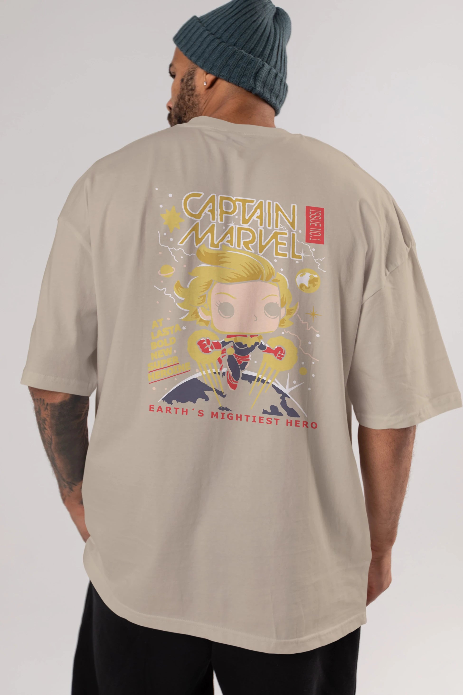 Captain Marvel Arka Baskılı Oversize t-shirt Erkek Kadın Unisex %100 Pamuk Bisiklet Yaka tişort