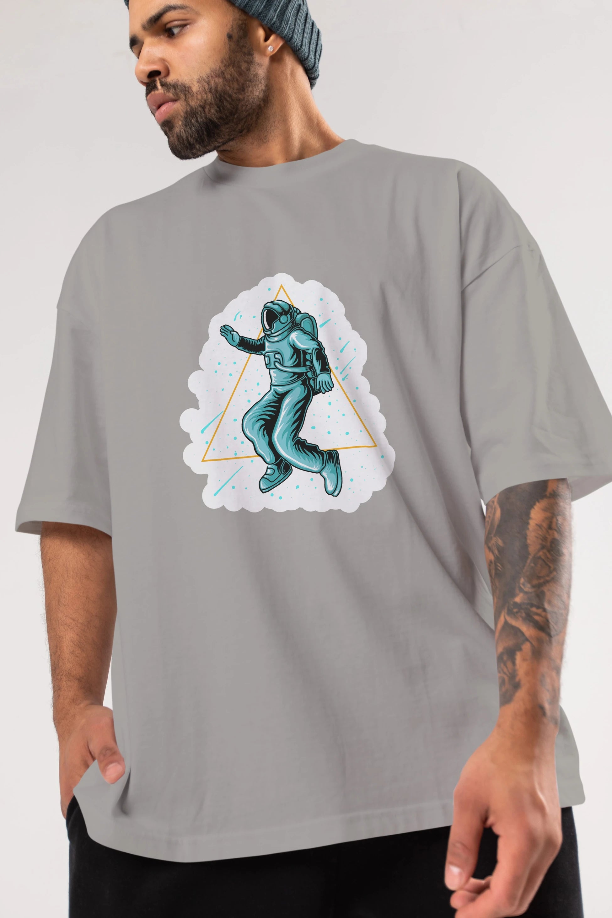 Astronaut Starry Triangle Sticker Ön Baskılı Oversize t-shirt Erkek Kadın Unisex
