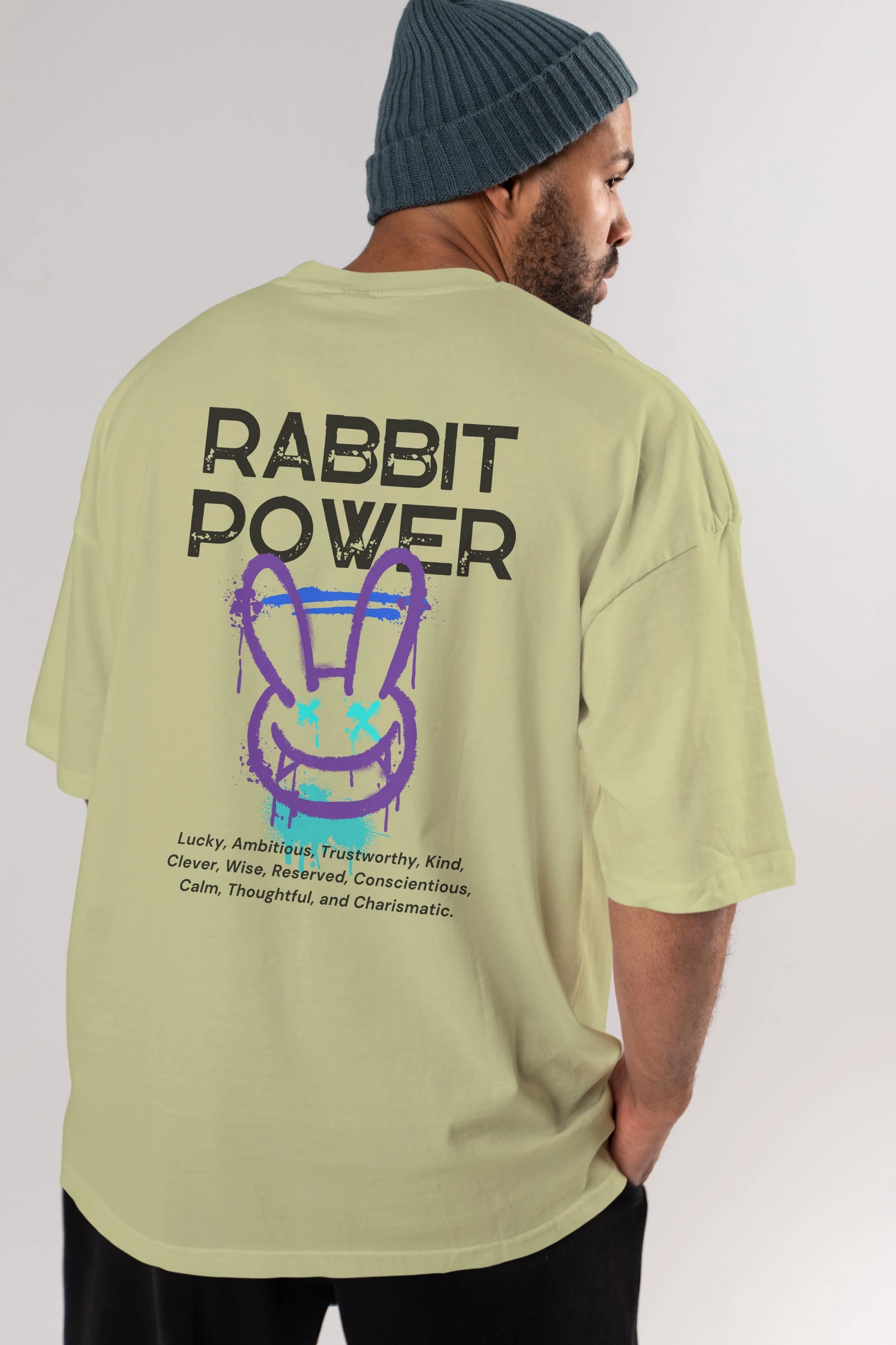 Rabbit Power Yazılı Arka Baskılı Oversize t-shirt Erkek Kadın Unisex