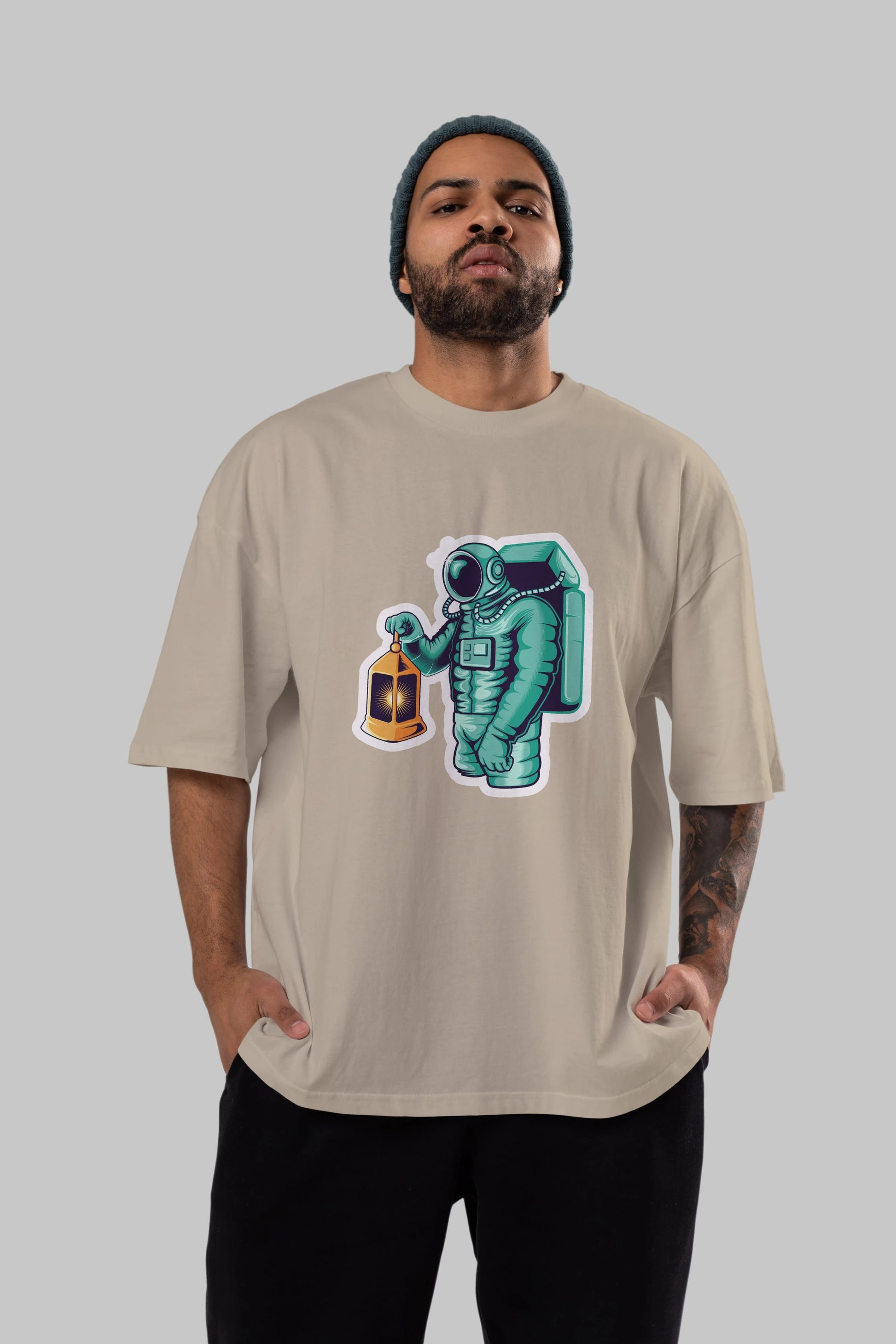 Astronaut Lantern Sticker Ön Baskılı Oversize t-shirt Erkek Kadın Unisex