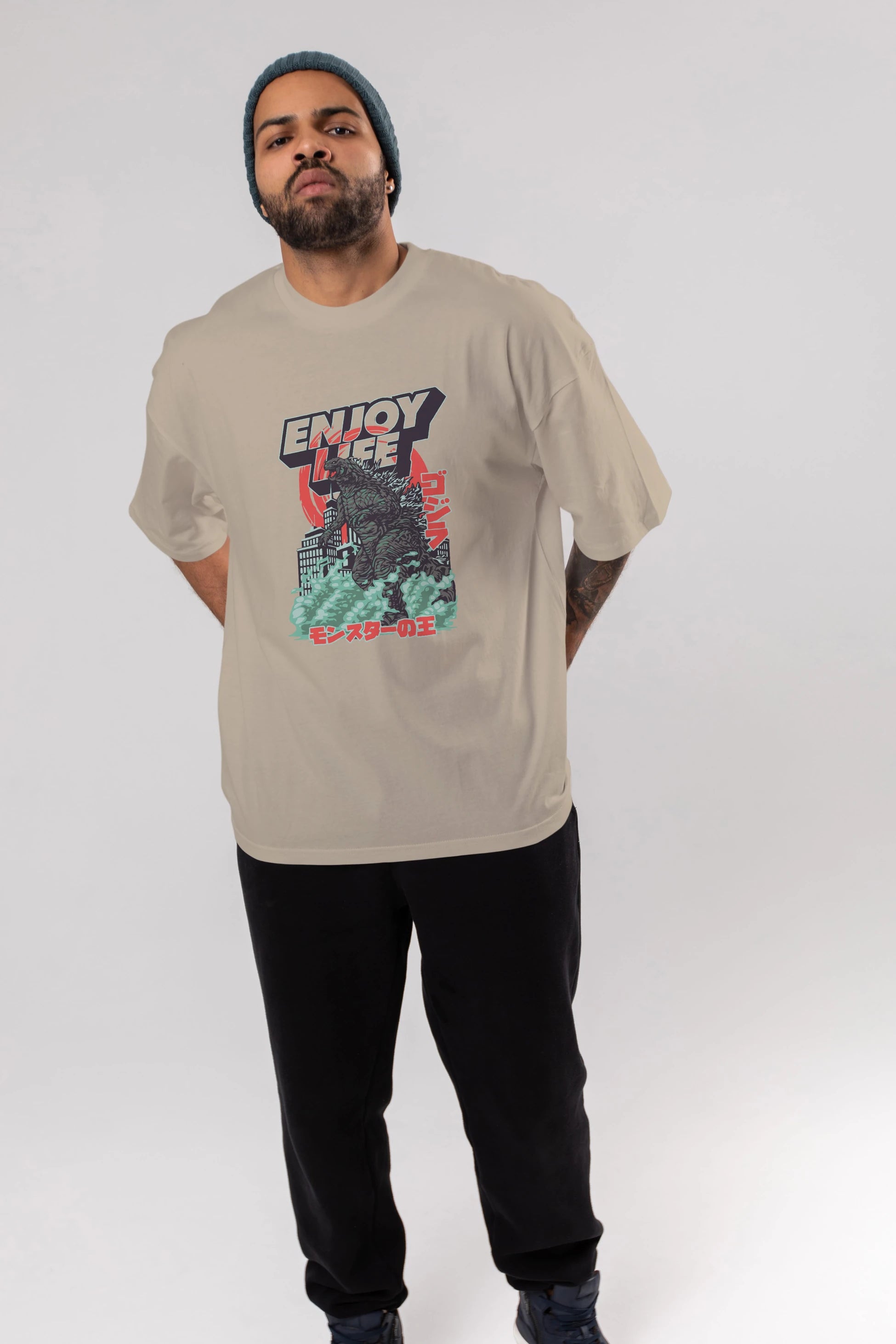 Godzilla Ön Baskılı Oversize t-shirt Erkek Kadın Unisex %100 Pamuk Bisiklet Yaka tişort