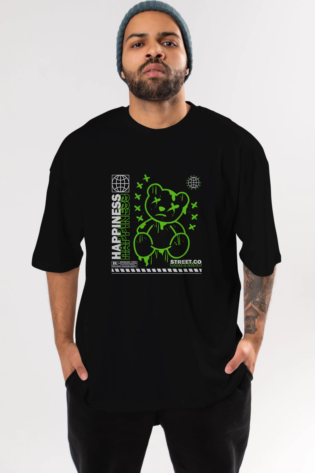 Happiness Bear 3 Ön Baskılı Oversize t-shirt Erkek Kadın Unisex