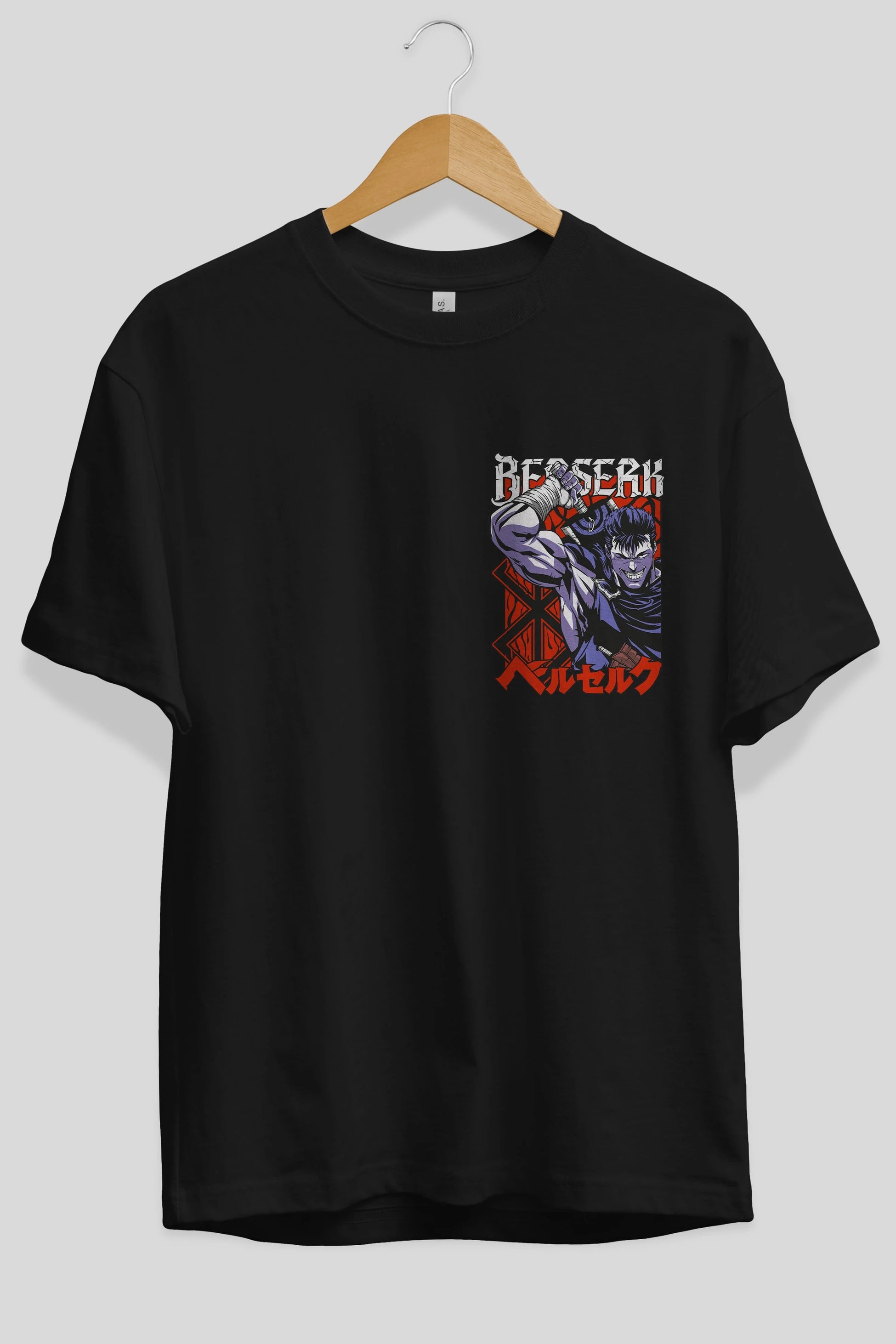 GUTS berserk Ön Sol Baskılı Oversize t-shirt Erkek Kadın Unisex %100 Pamuk Bisiklet Yaka tişort