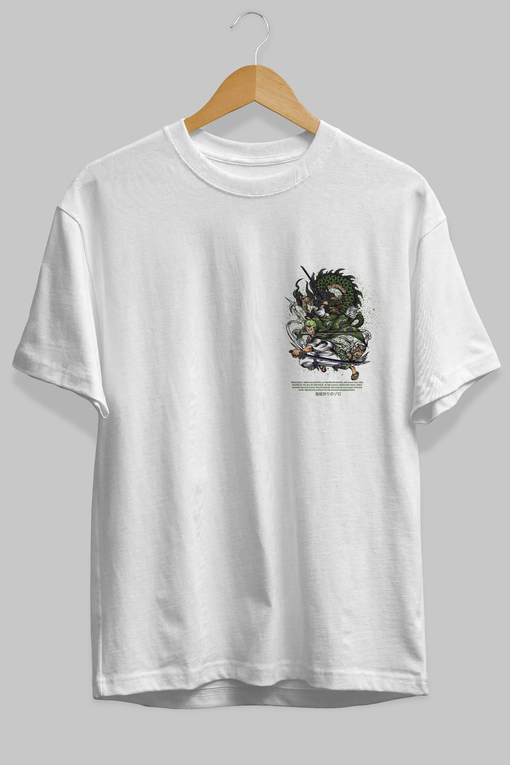 Zoro-ONE PIECE Ön Sol Baskılı Oversize t-shirt Erkek Kadın Unisex %100 Pamuk Bisiklet Yaka tişort