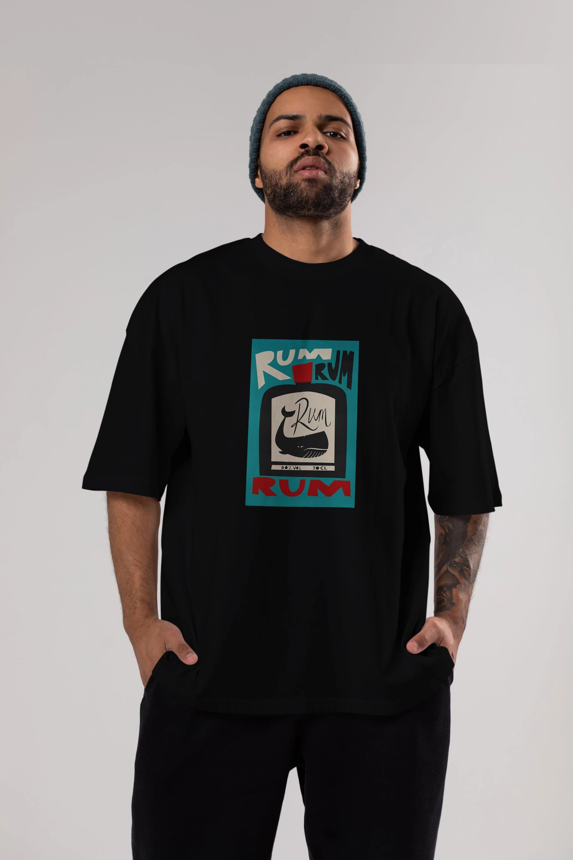 Rum Ön Baskılı Oversize t-shirt Erkek Kadın Unisex %100 Pamuk Bisiklet Yaka tişort