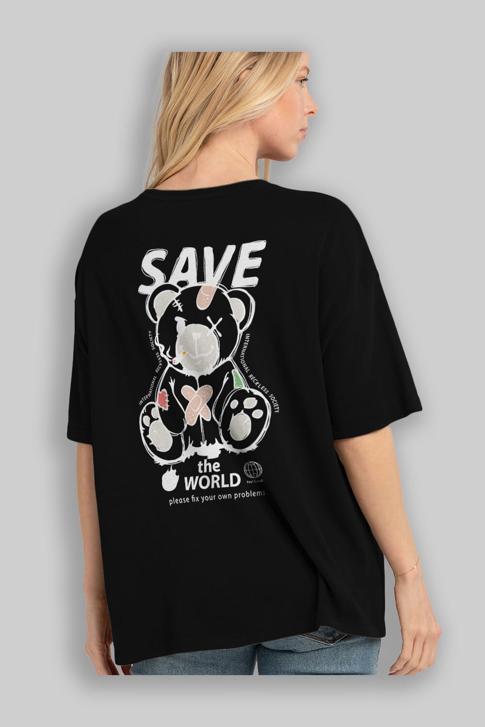 Save the World Bear Arka Baskılı Oversize t-shirt Erkek Kadın Unisex