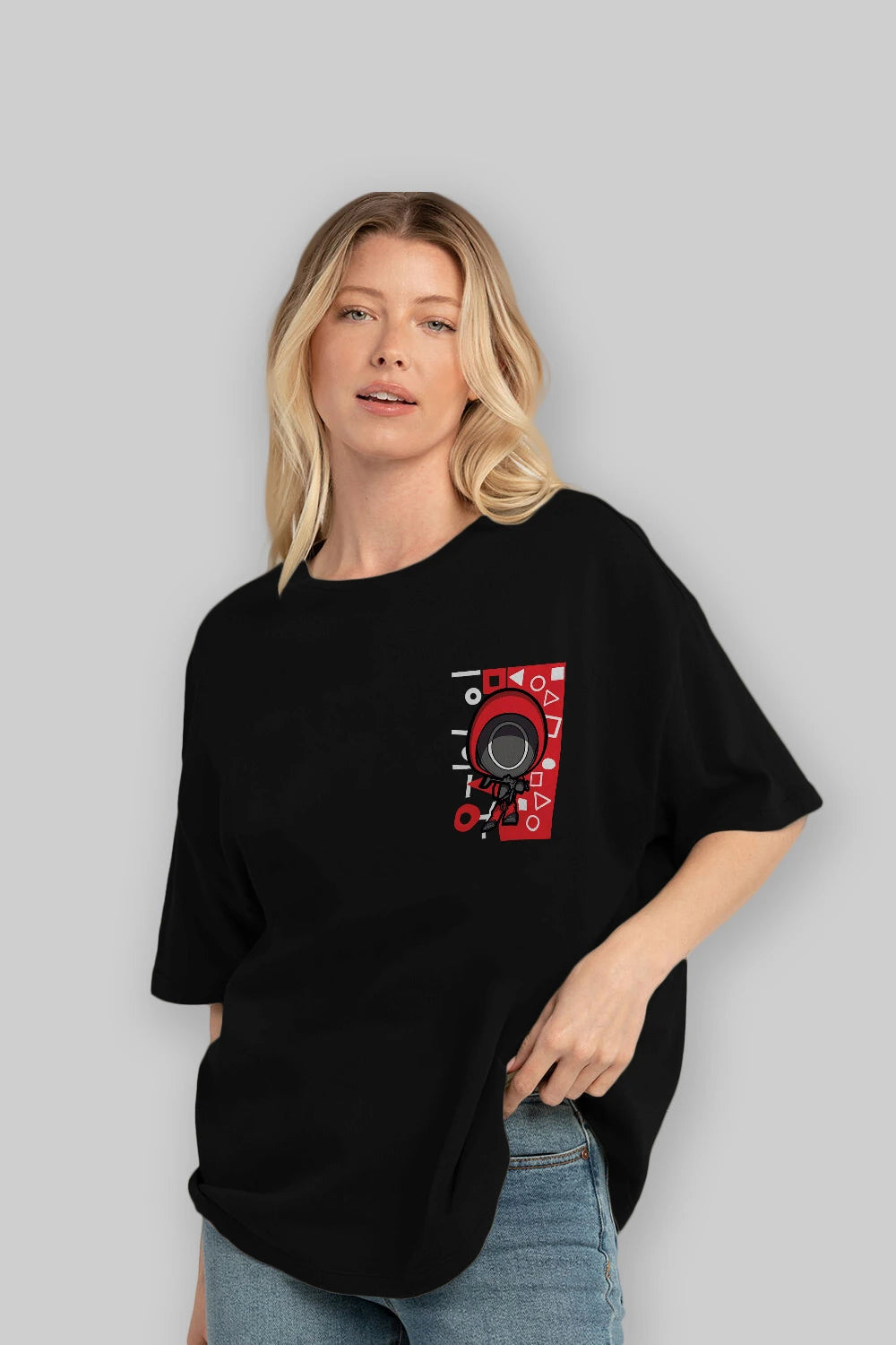 Squid Game (4) Ön Sol Baskılı Oversize t-shirt Erkek Kadın Unisex %100 Pamuk Bisiklet Yaka tişort