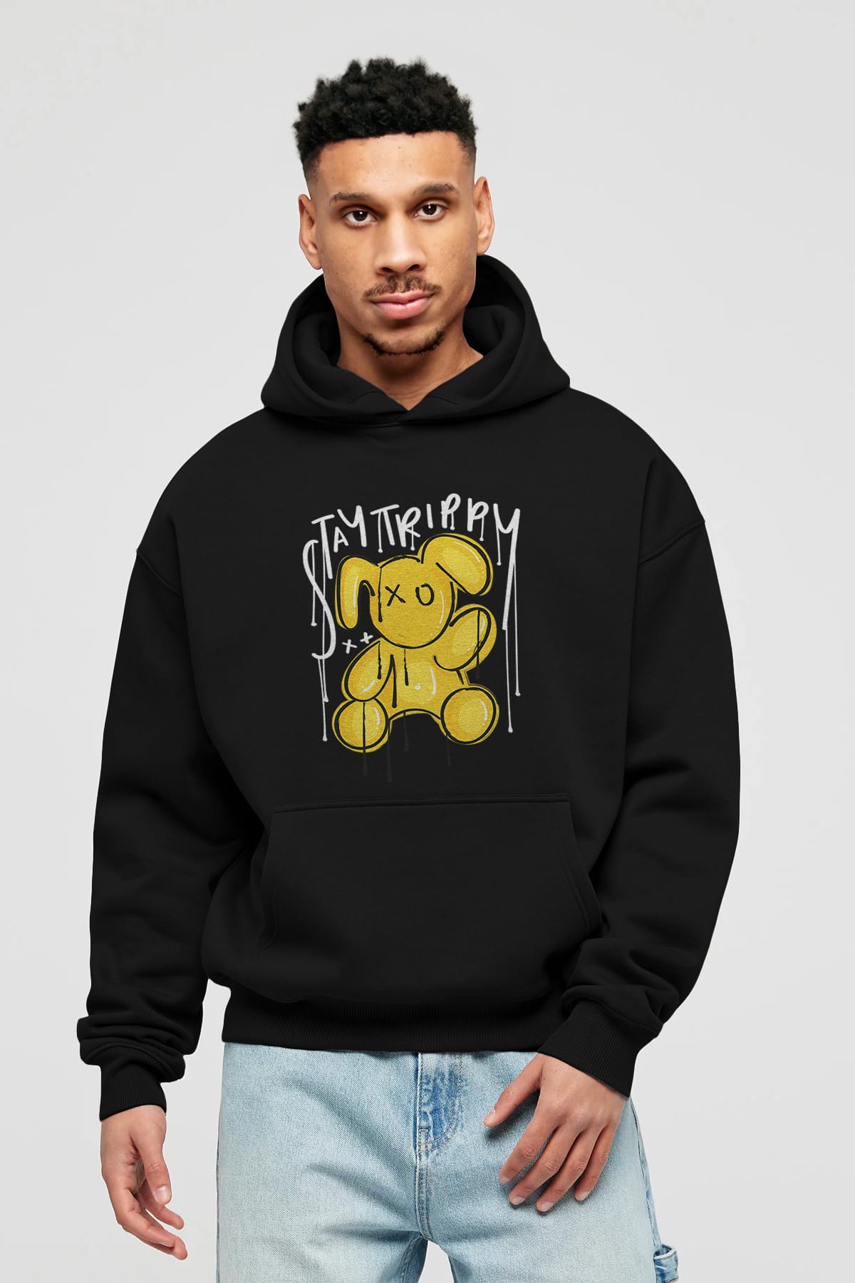 Stay Trippy Bear Ön Baskılı Hoodie Oversize Kapüşonlu Sweatshirt Erkek Kadın Unisex