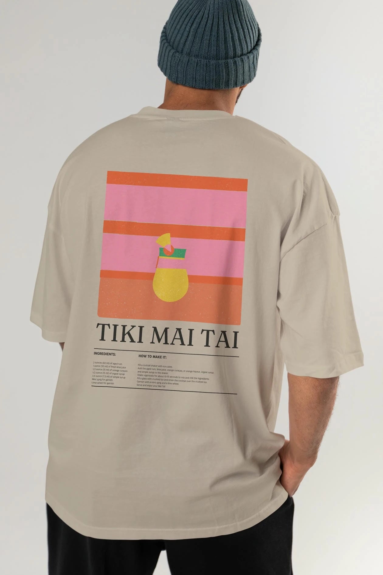 Tiki Mai Tai Kokteyl Serisi Arka Baskılı Oversize t-shirt Erkek Kadın %100 Pamuk Bisiklet Yaka tişort