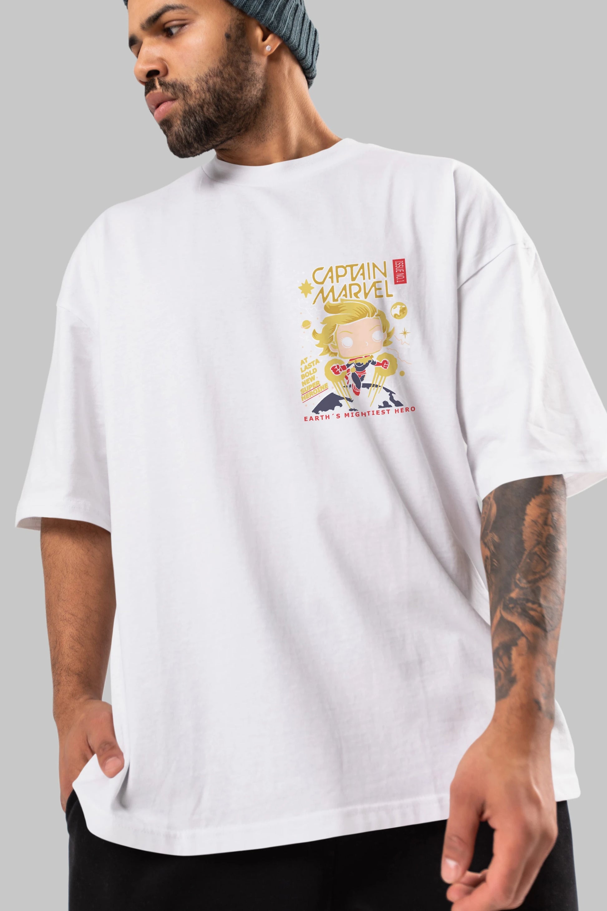 Captain Marvel Ön Sol Baskılı Oversize t-shirt Erkek Kadın Unisex %100 Pamuk Bisiklet Yaka tişort