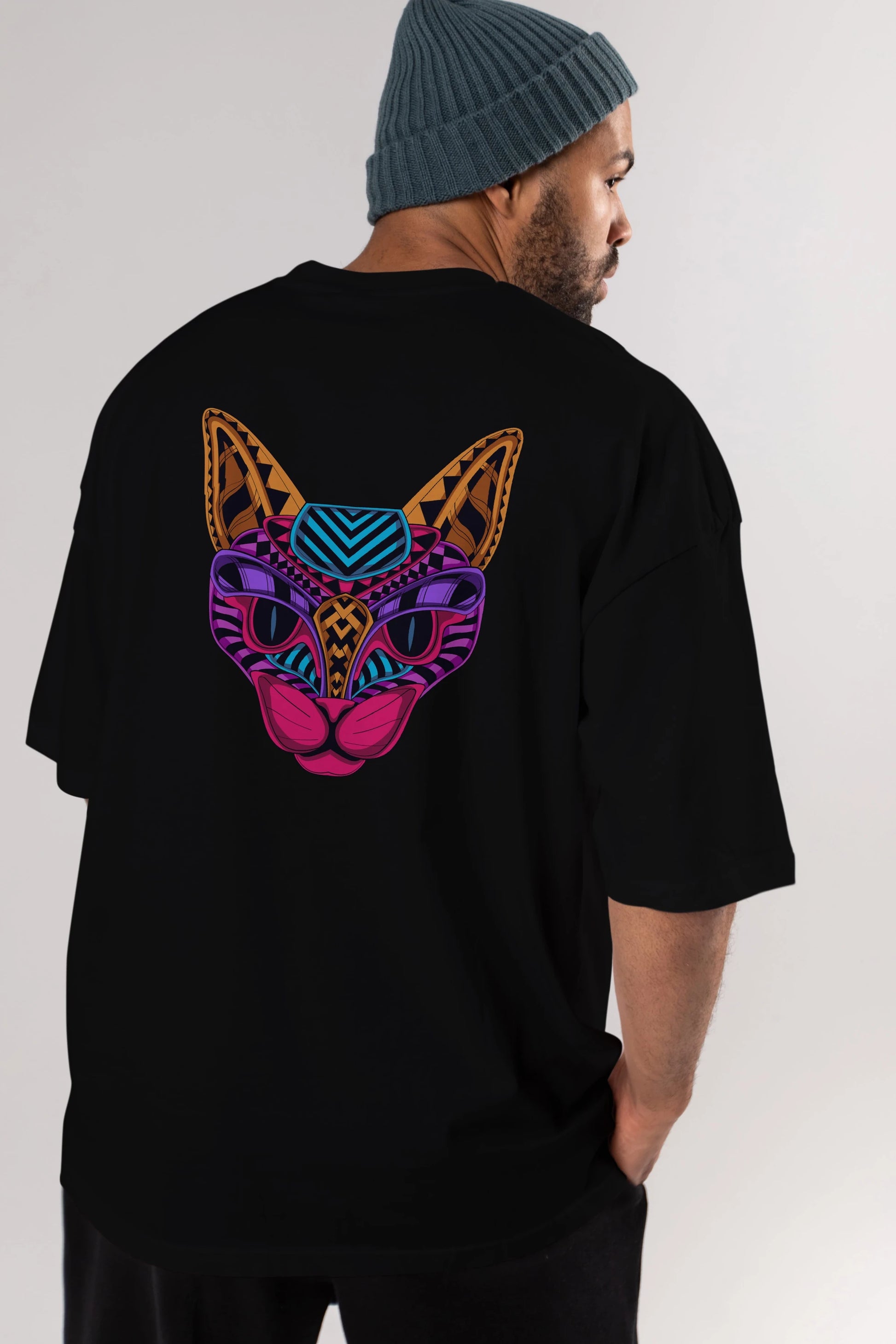 Black Neon Cat Arka Baskılı Oversize t-shirt Erkek Kadın Unisex