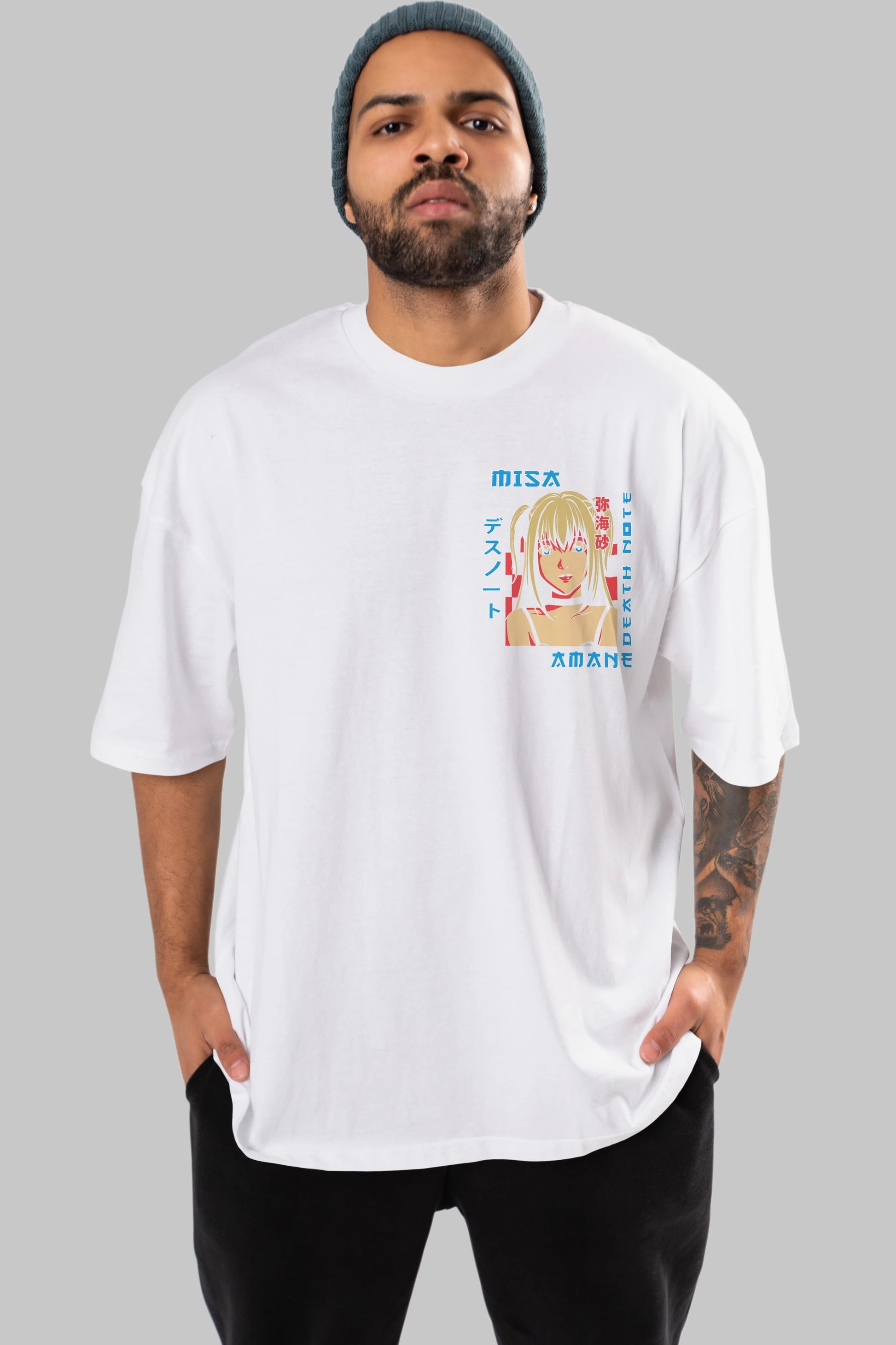 MISA-DEATH NOTE Ön Sol Baskılı Oversize t-shirt Erkek Kadın Unisex %100 Pamuk Bisiklet Yaka tişort