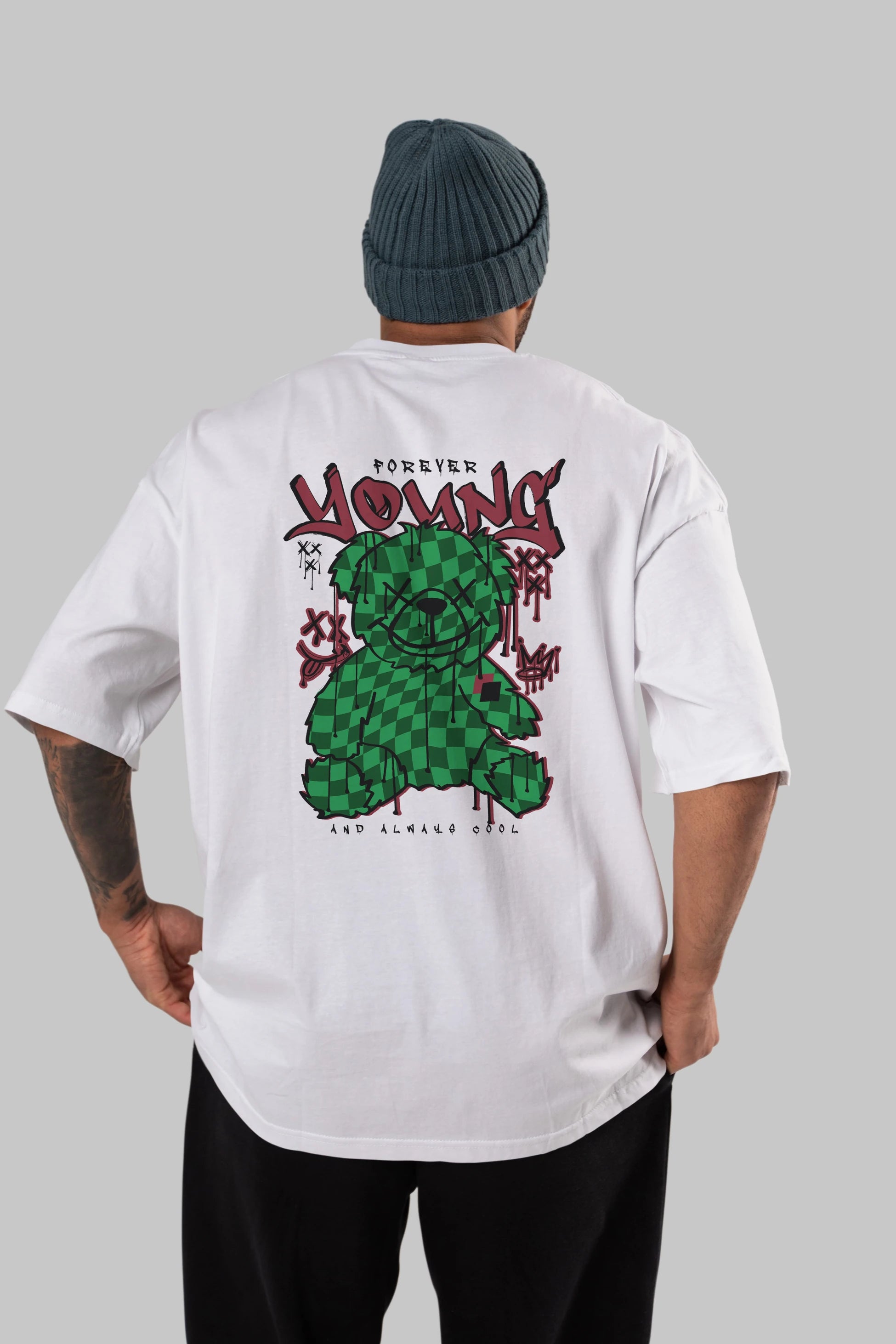 Young and Always Cool Bear Arka Baskılı Oversize t-shirt Erkek Kadın Unisex