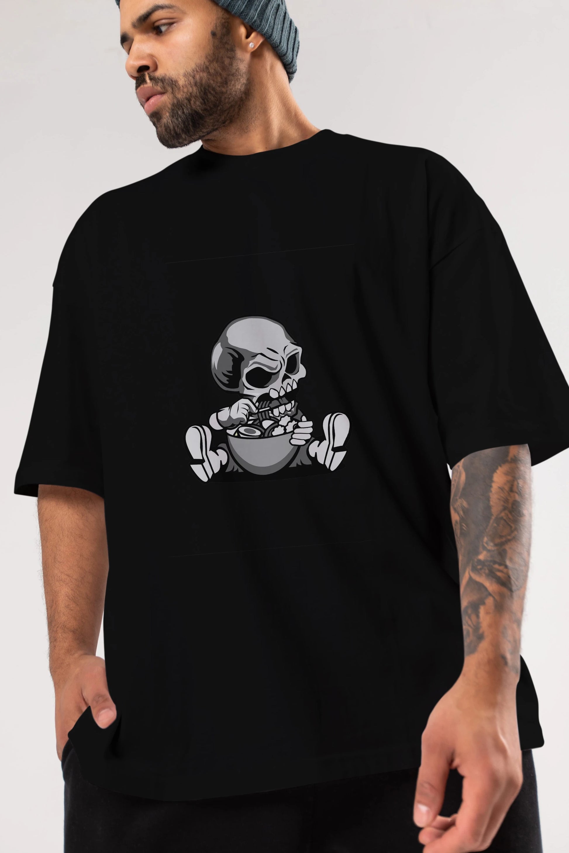 Skull Eat Ramen Ön Baskılı Oversize t-shirt Erkek Kadın Unisex %100 Pamuk tişort