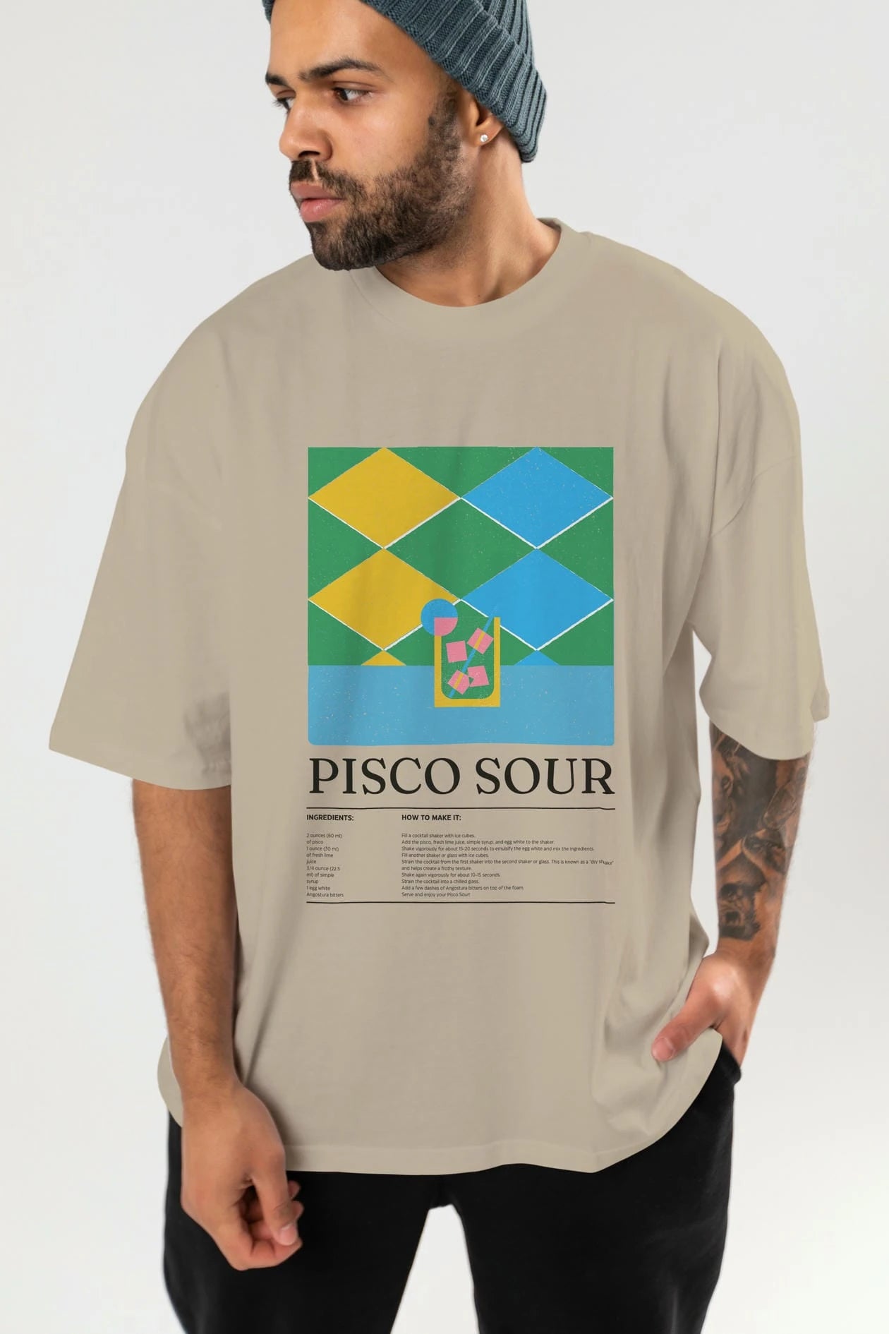 Pisco Sour Kokteyl Ön Baskılı Oversize t-shirt Erkek Kadın %100 Pamuk Bisiklet Yaka tişort