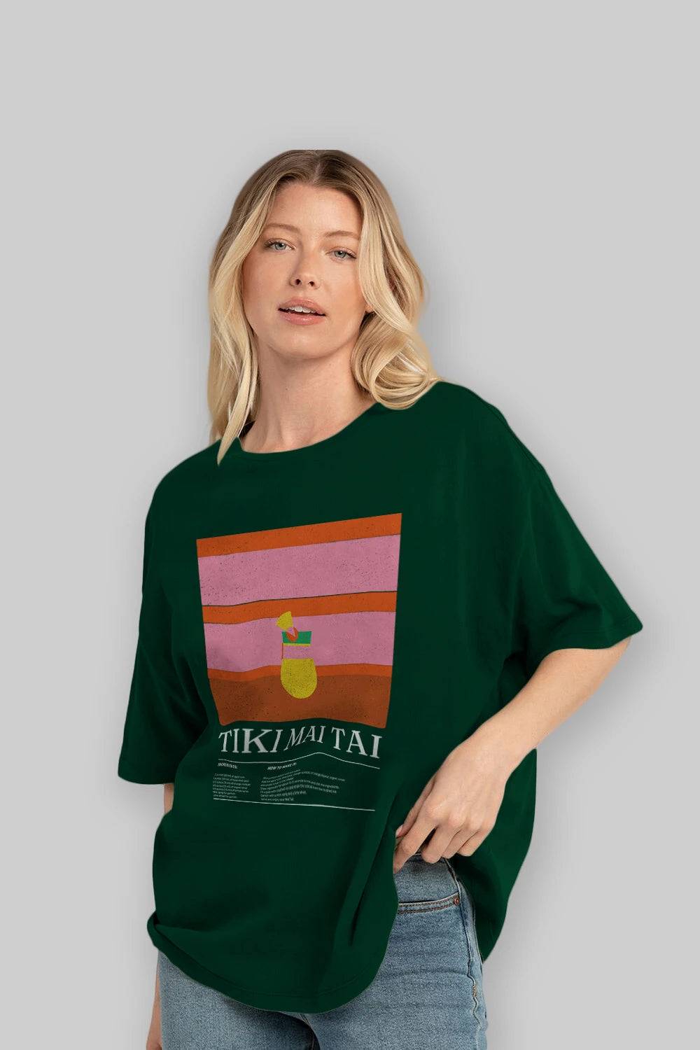 Tiki Mai Tai Kokteyl Ön Baskılı Oversize t-shirt Erkek Kadın %100 Pamuk Bisiklet Yaka tişort