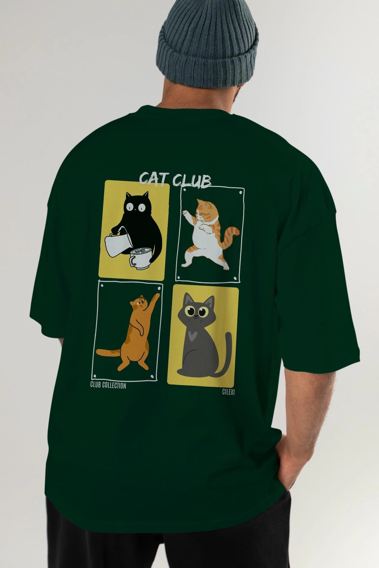 Cat Club Arka Baskılı Oversize t-shirt Erkek Kadın %100 Pamuk Bisiklet Yaka tişort