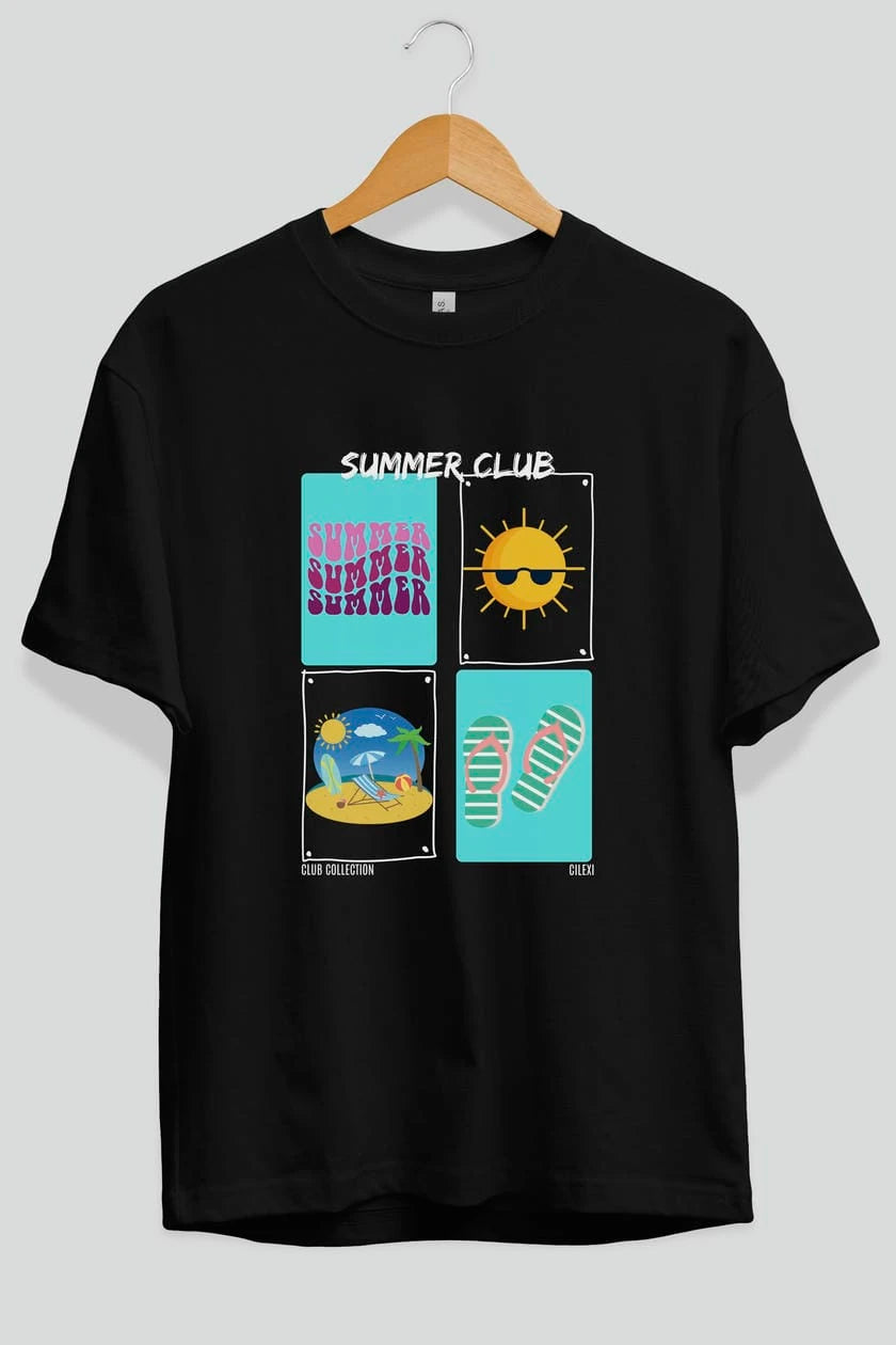 Summer Club ön Baskılı Oversize t-shirt Erkek Kadın %100 Pamuk Bisiklet Yaka tişort