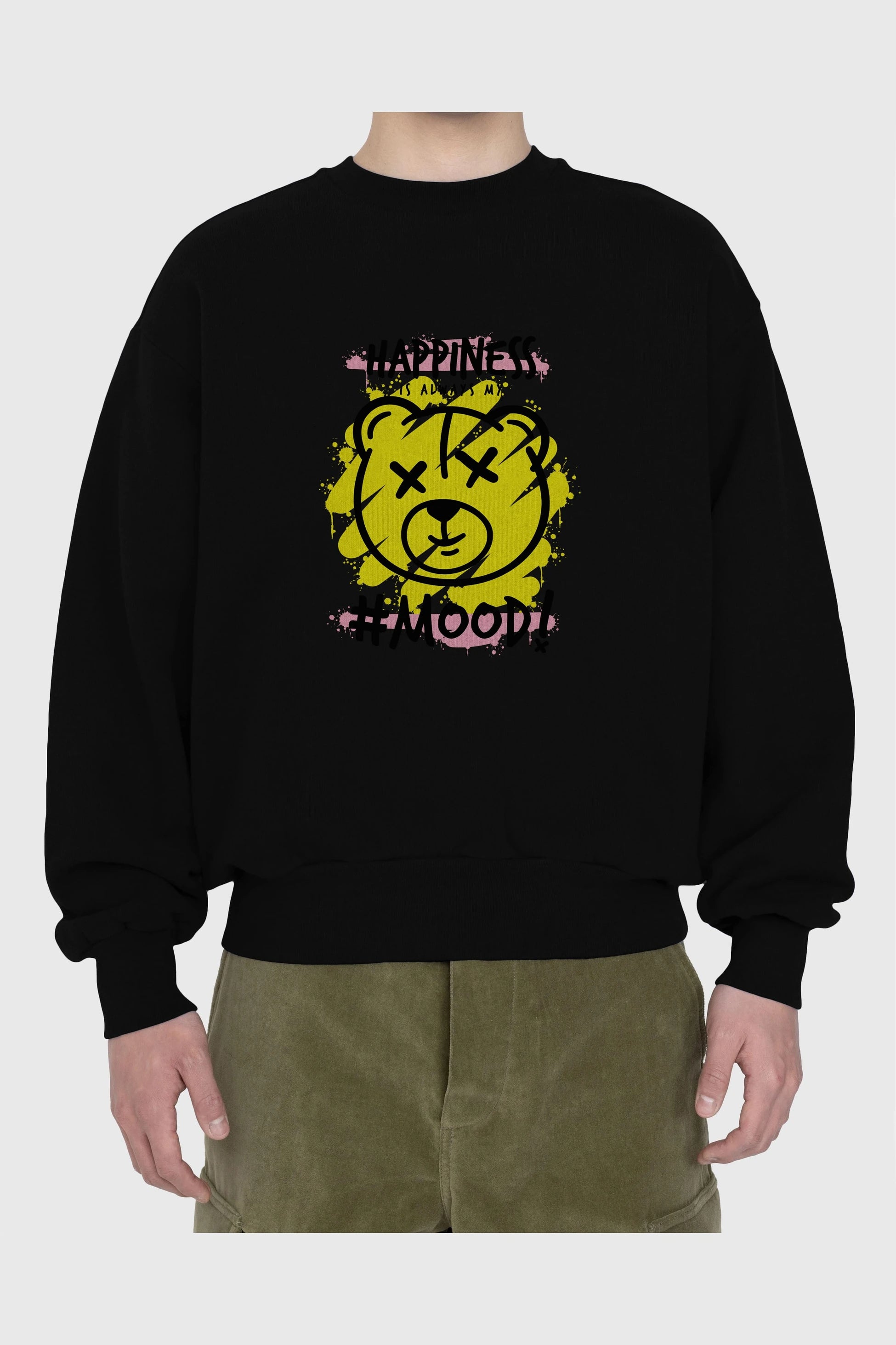 Happiness Mood Bear Ön Baskılı Oversize Sweatshirt Erkek Kadın Unisex