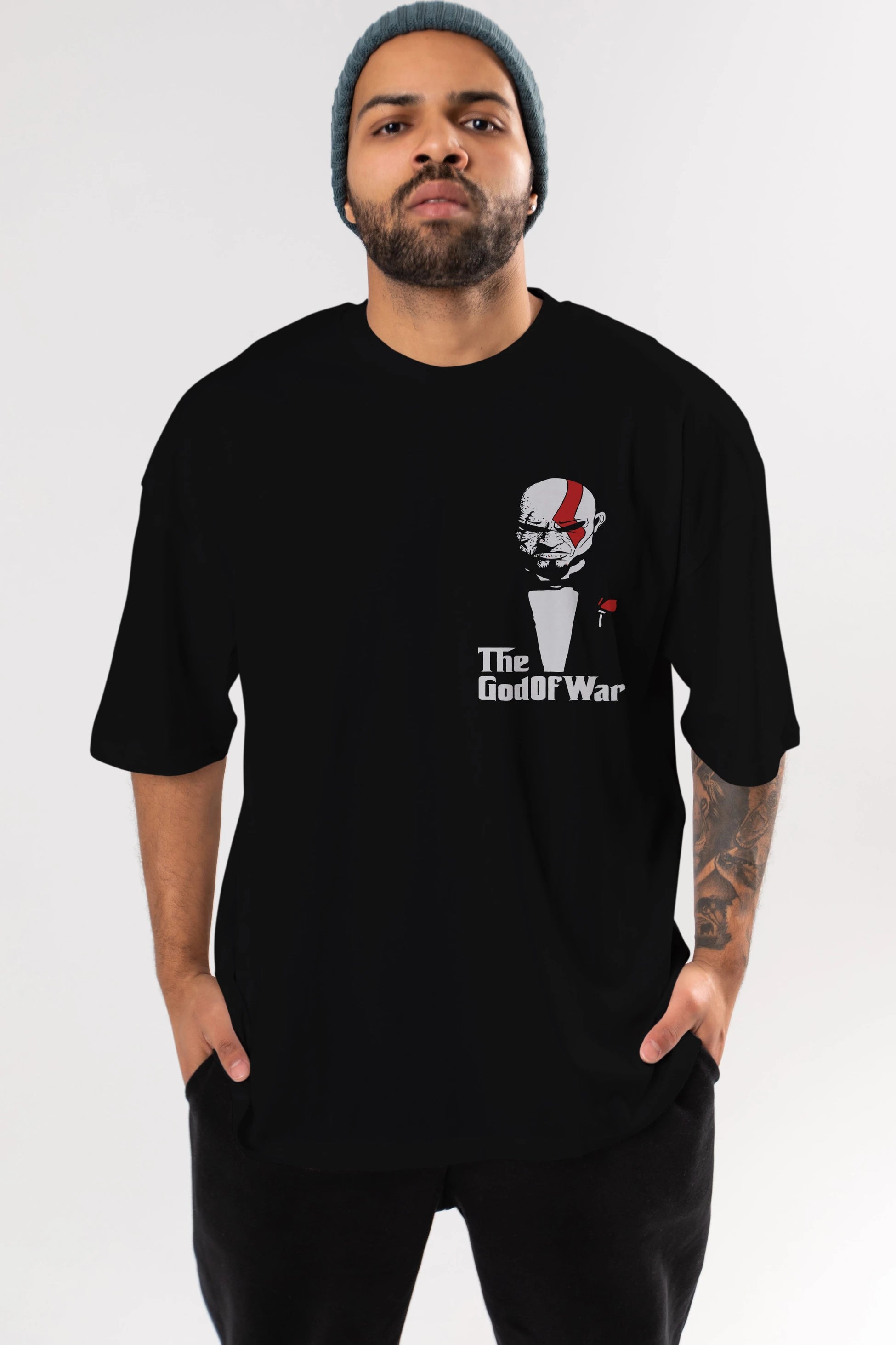 The God of War Ön Sol Baskılı Oversize t-shirt Erkek Kadın Unisex %100 Pamuk Bisiklet Yaka tişort