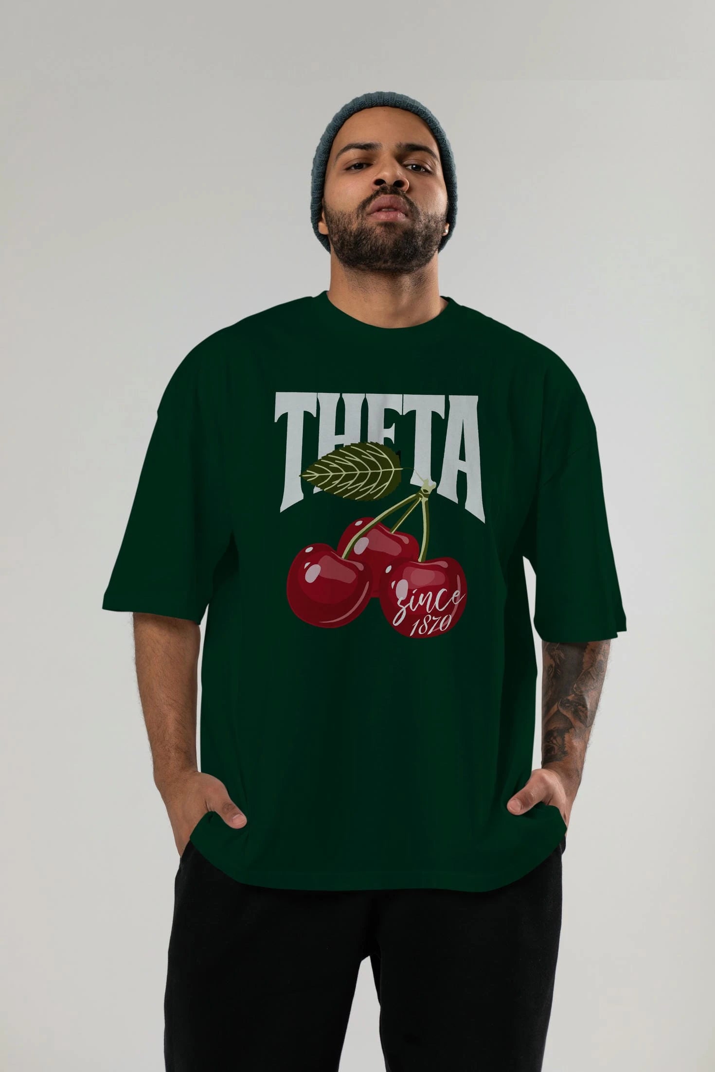 Theta Cherry Cherries Ön Baskılı Oversize t-shirt Erkek Kadın Pamuk Bisiklet Yaka tişort