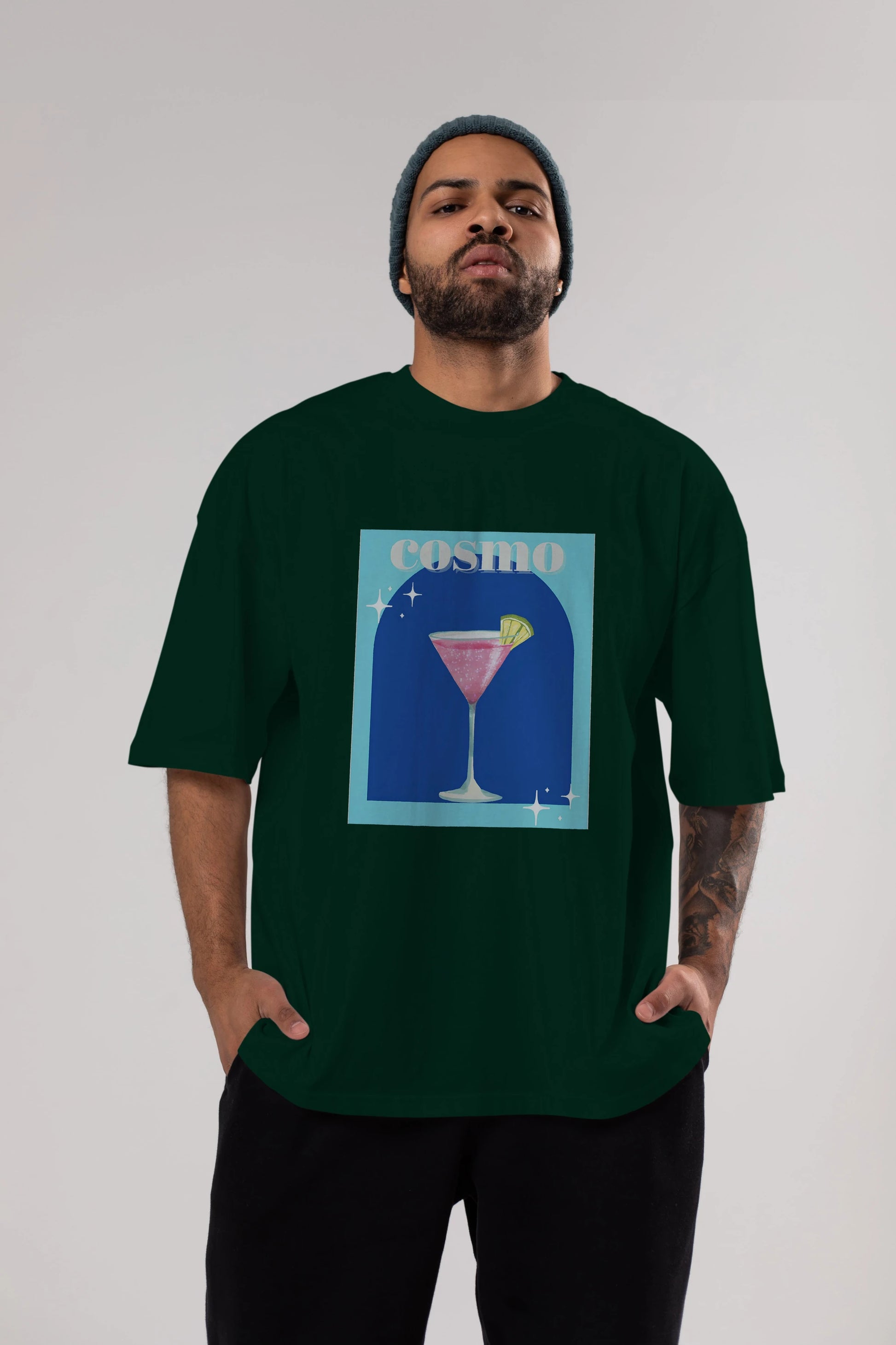Cosmopolitan 2 Ön Baskılı Oversize t-shirt Erkek Kadın Unisex %100 Pamuk Bisiklet Yaka tişort