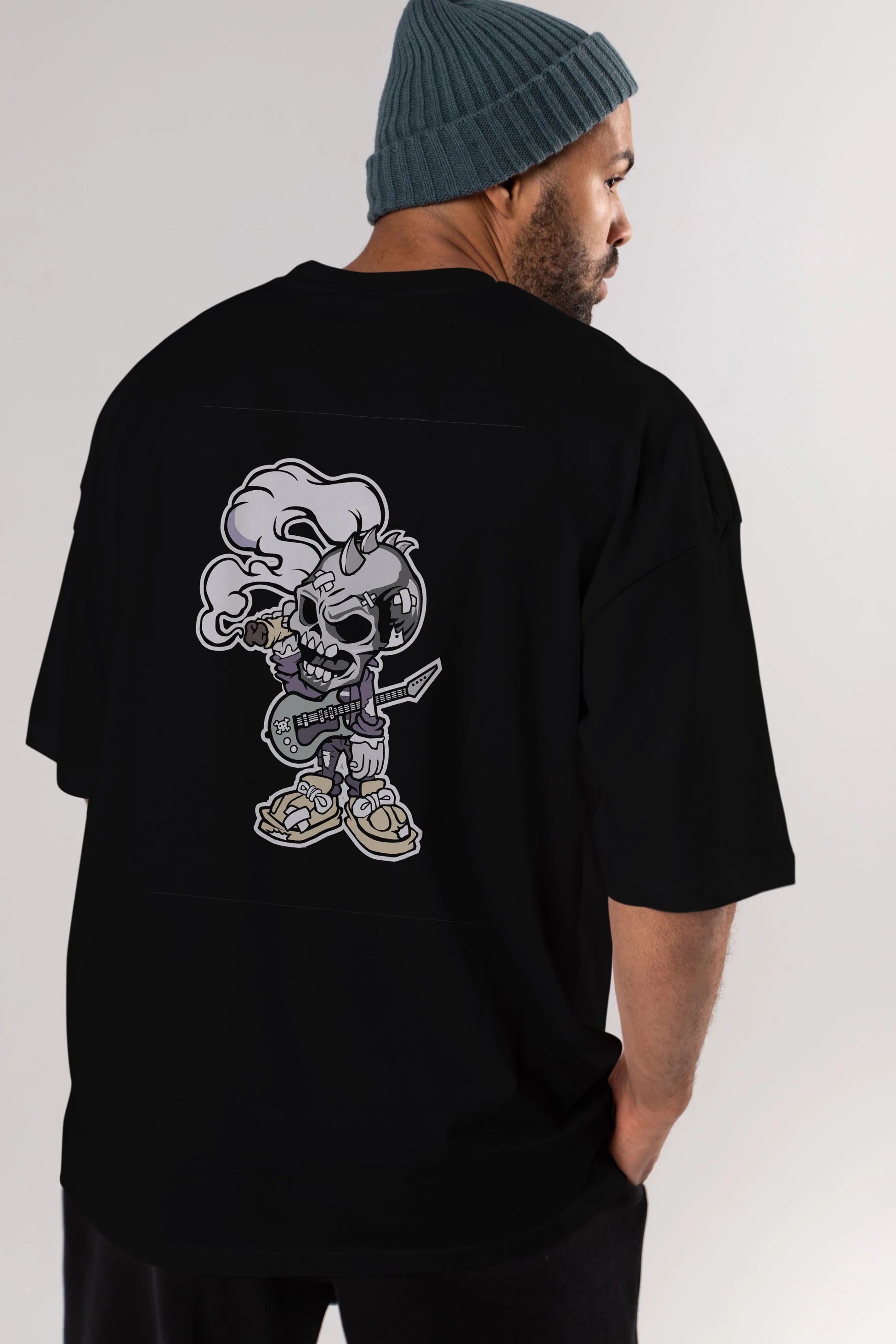 Skull Smoker Punk Rocker Arka Baskılı Oversize t-shirt Erkek Kadın Unisex %100 Pamuk tişort