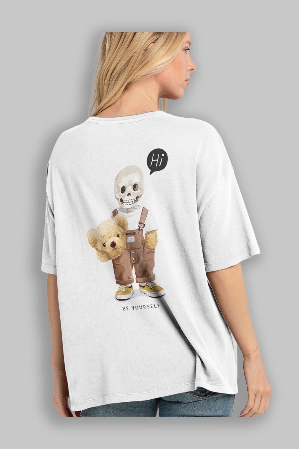 Teddy Bear hi Arka Baskılı Oversize t-shirt Erkek Kadın Unisex %100 Pamuk