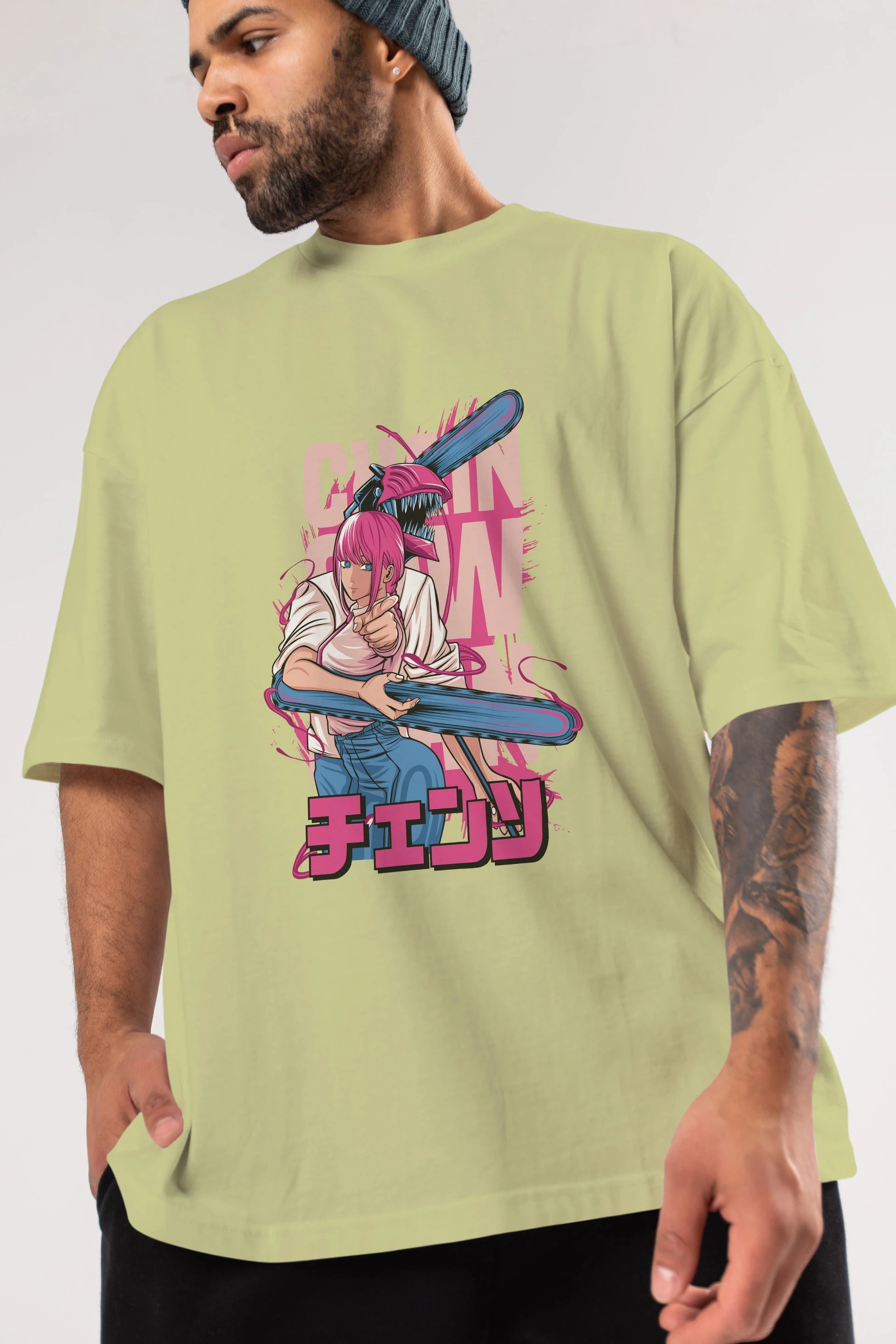 DENJI and MAKIMA Anime Ön Baskılı Oversize t-shirt %100 pamuk Erkek Kadın Unisex
