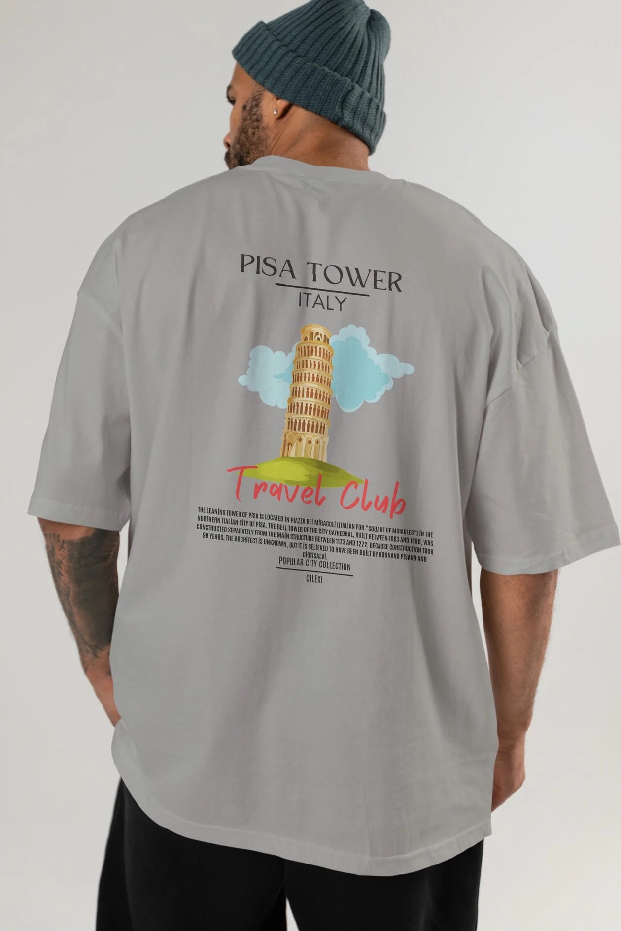 Pisa Tower İtaly Arka Baskılı Oversize t-shirt Erkek Kadın Pamuk Bisiklet Yaka tişort
