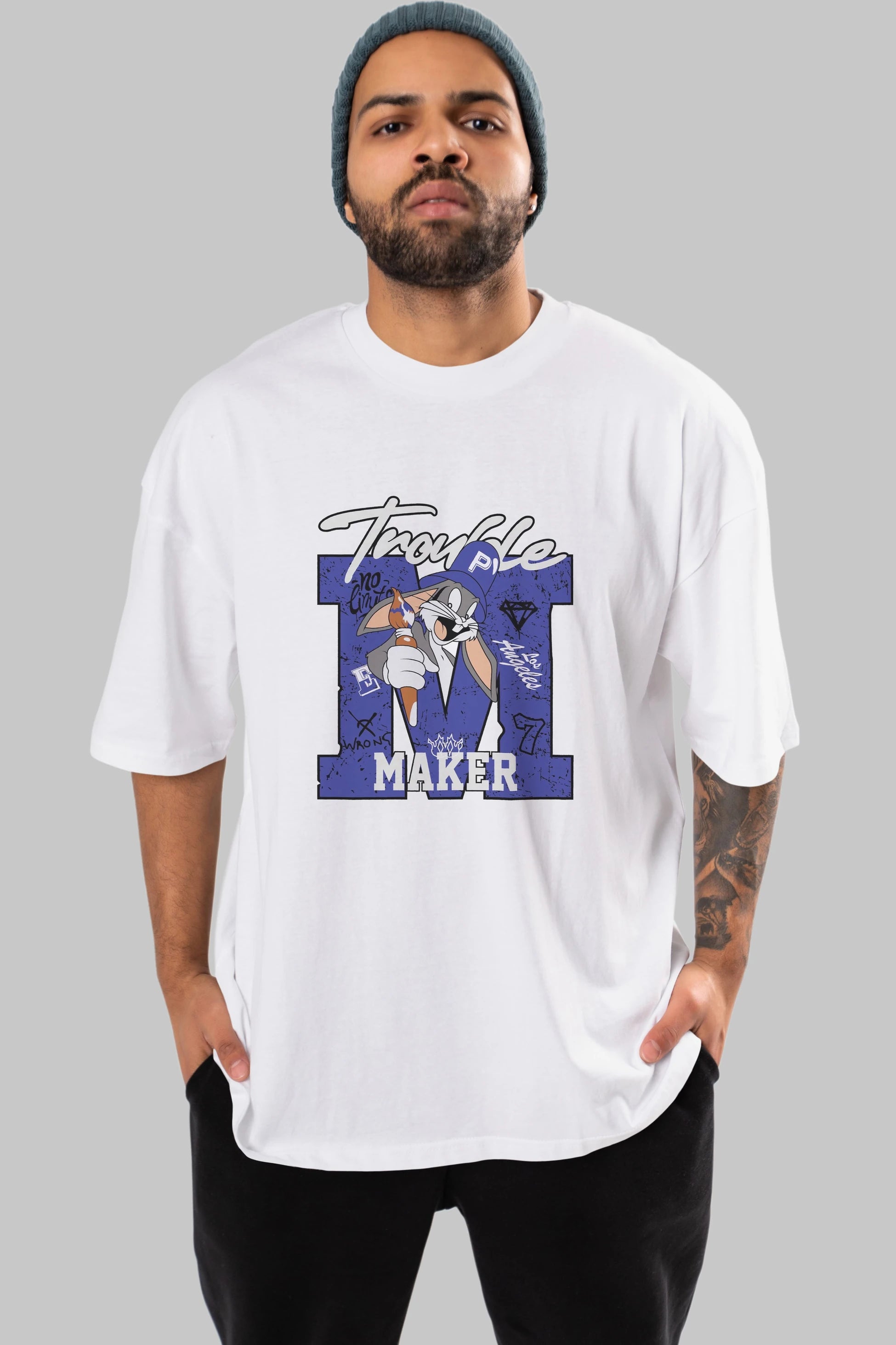 Bugs Bunny Ön Baskılı Oversize t-shirt Erkek Kadın Unisex %100 Pamuk Bisiklet Yaka tişort