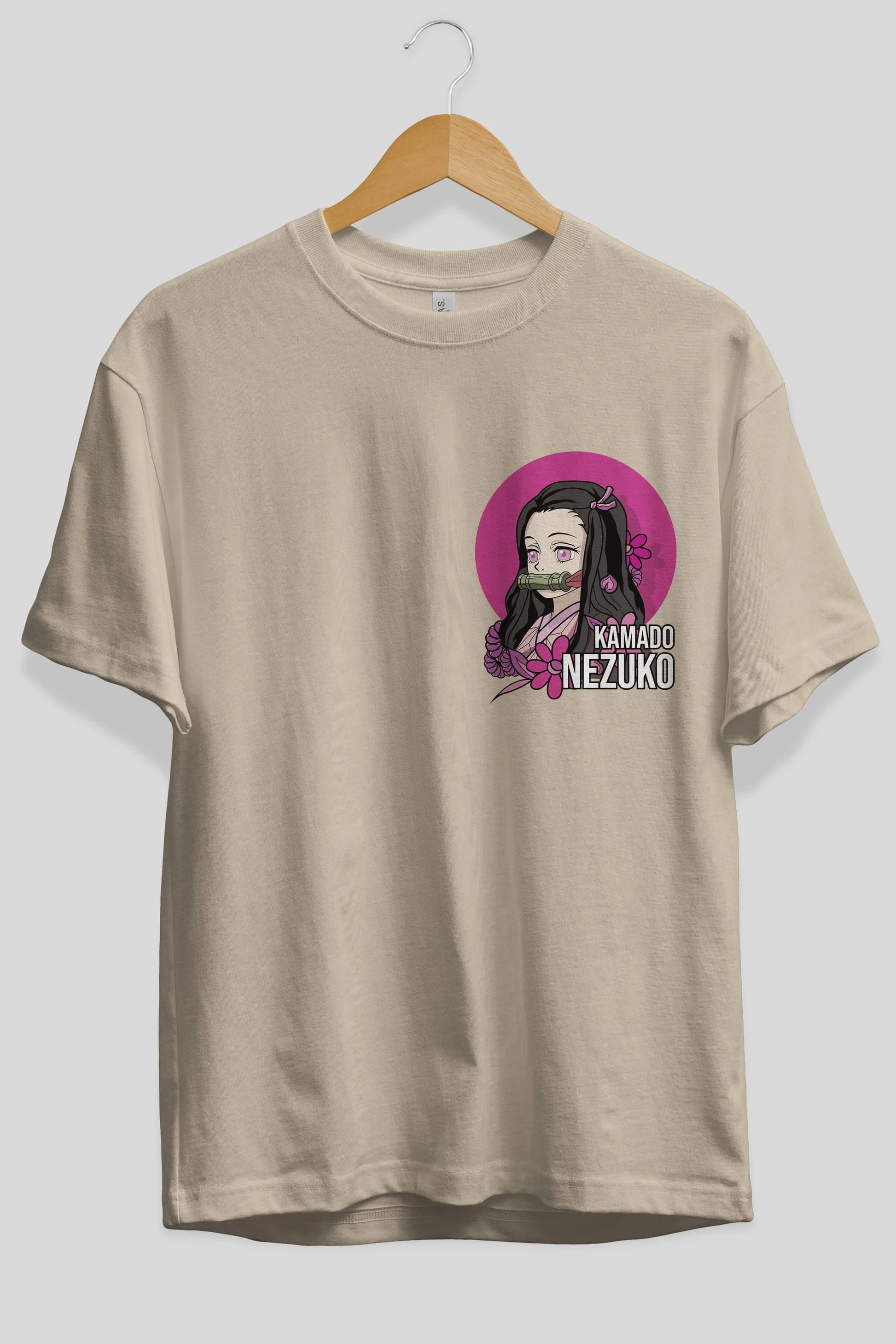 Nezuko Kamado 2 Ön Sol Baskılı Oversize t-shirt Erkek Kadın Unisex %100 Pamuk Bisiklet Yaka tişort