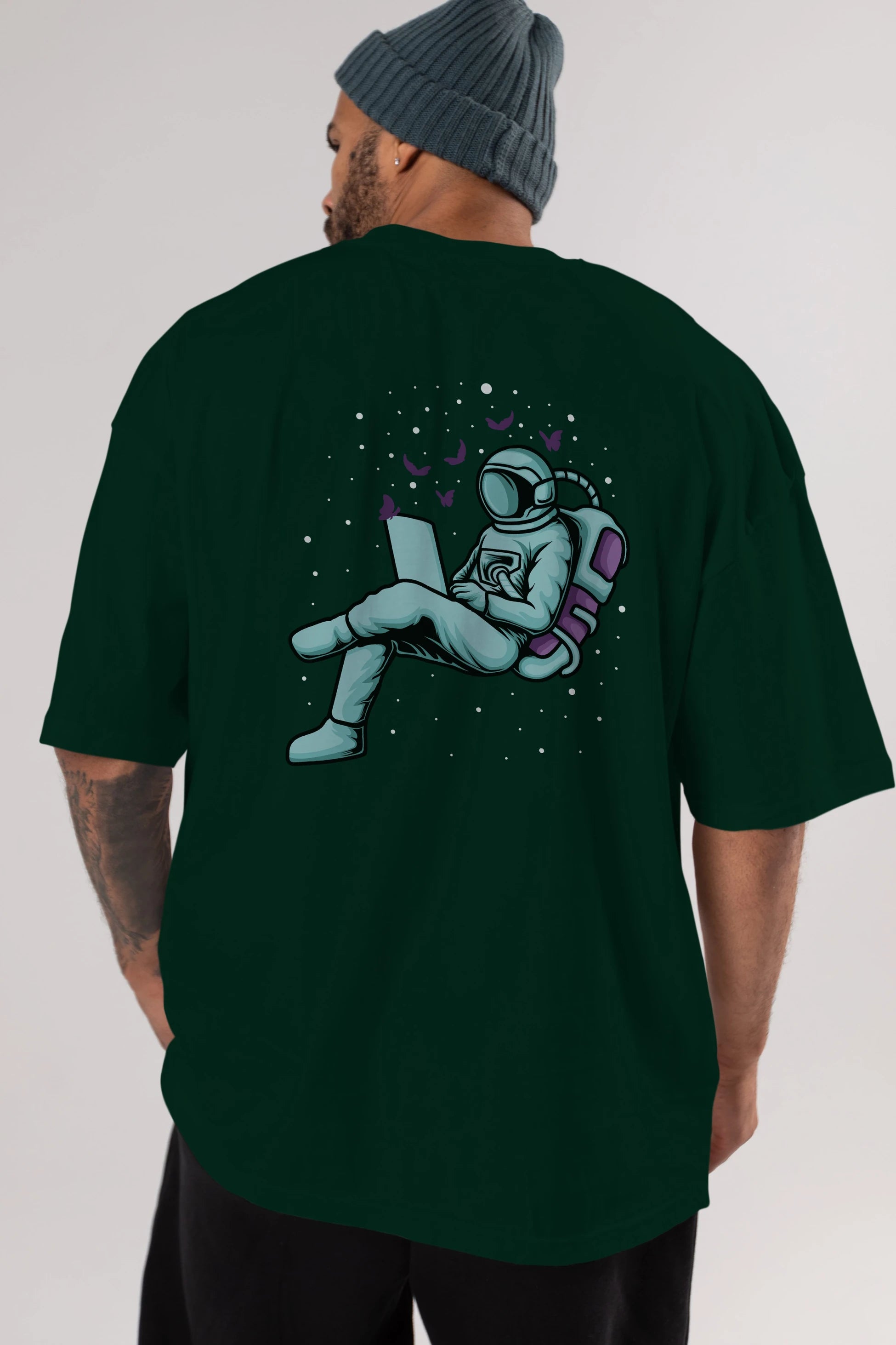 Work with Butterflies in Space Arka Baskılı Oversize t-shirt Erkek Kadın Unisex