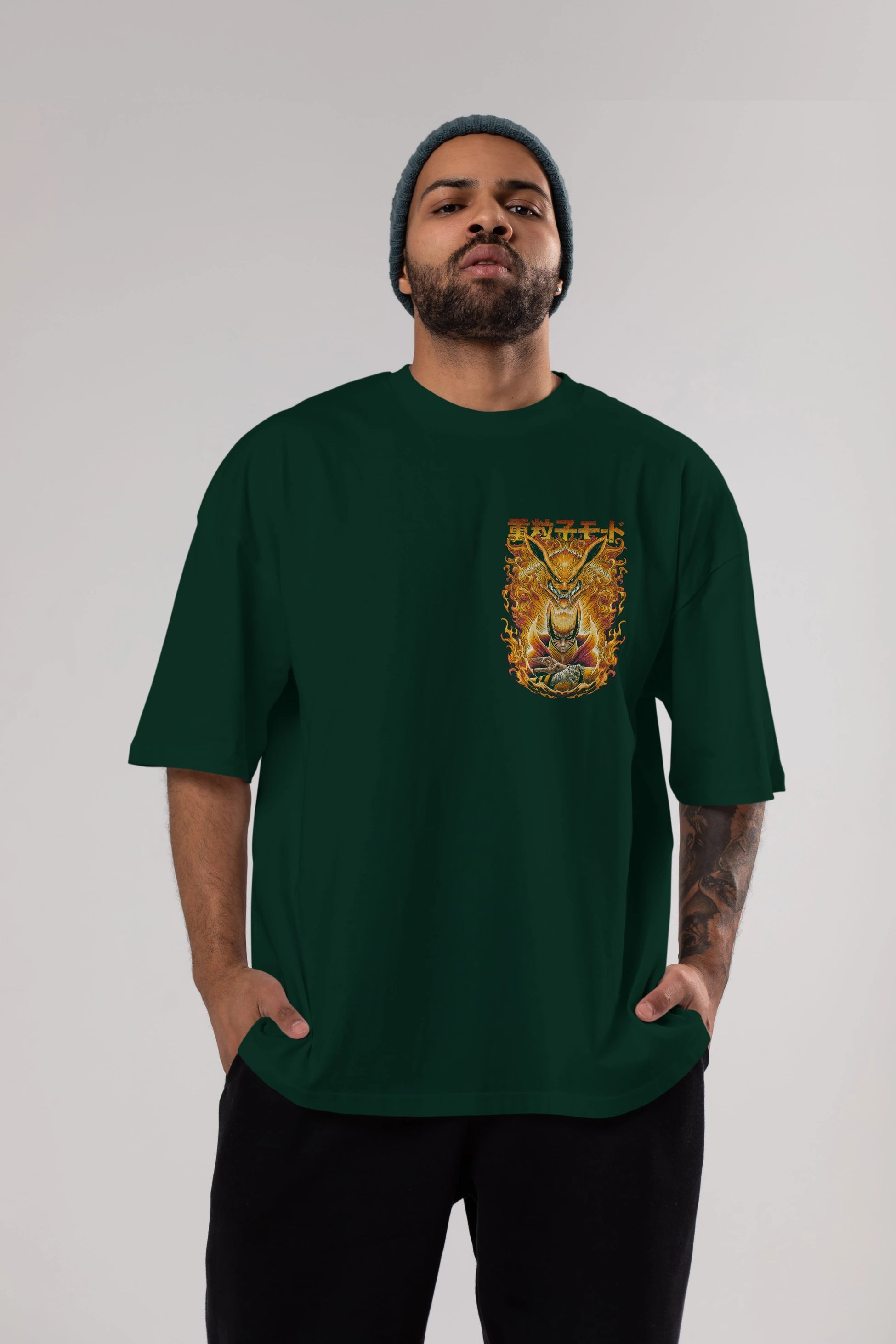 NARUTO KYUUBI 1 Ön Sol Baskılı Oversize t-shirt Erkek Kadın Unisex %100 Pamuk Bisiklet Yaka tişort