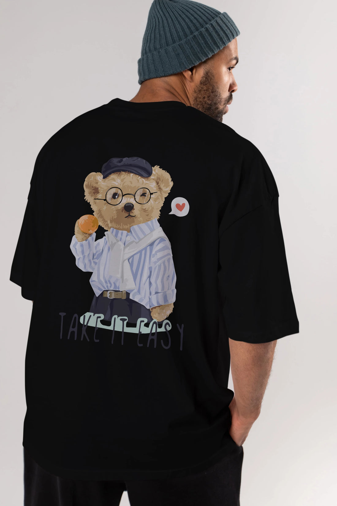 Teddy Bear Take it Easy Arka Baskılı Oversize t-shirt Erkek Kadın Unisex %100 Pamuk
