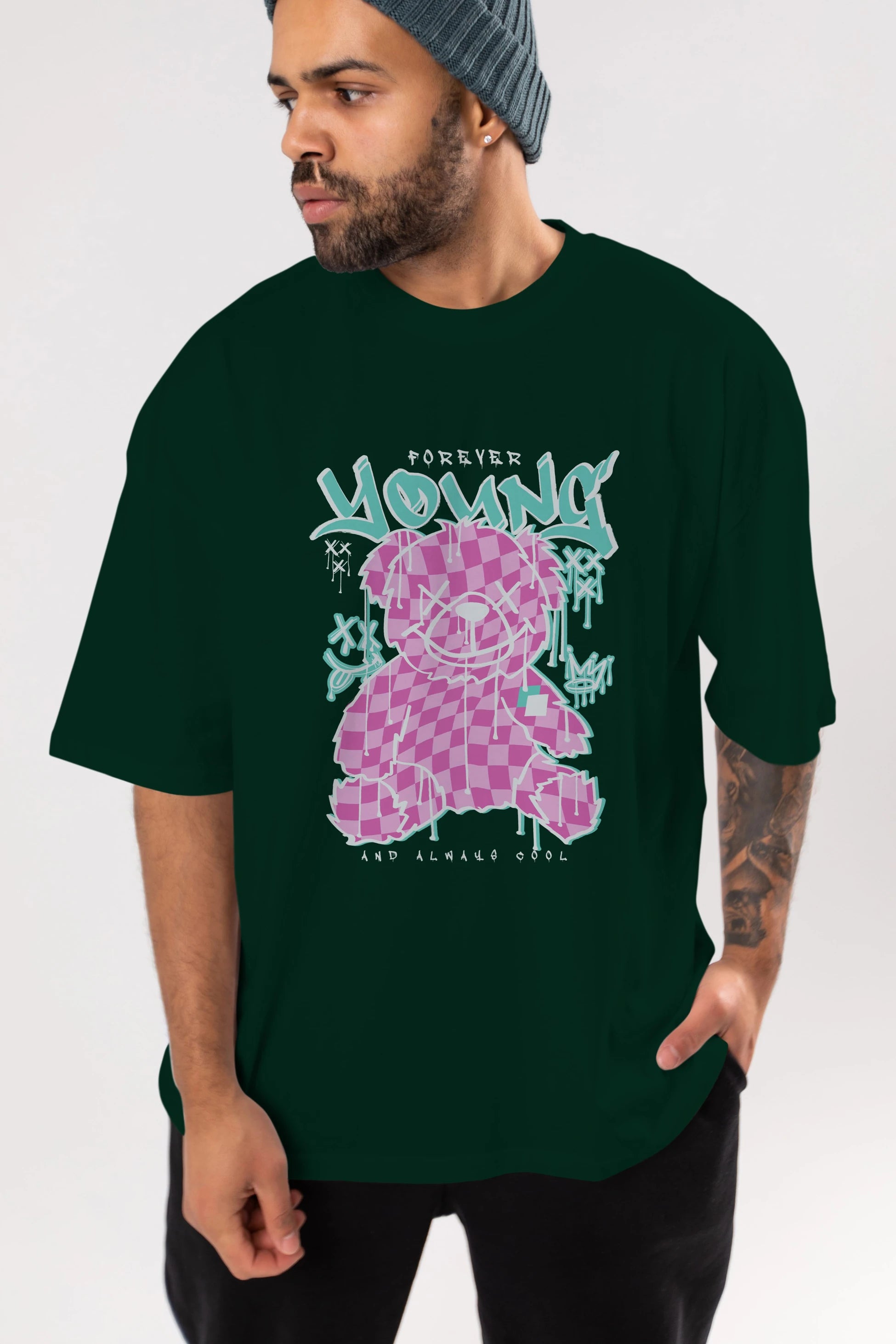 Young and Always Cool Bear Ön Baskılı Oversize t-shirt Erkek Kadın Unisex