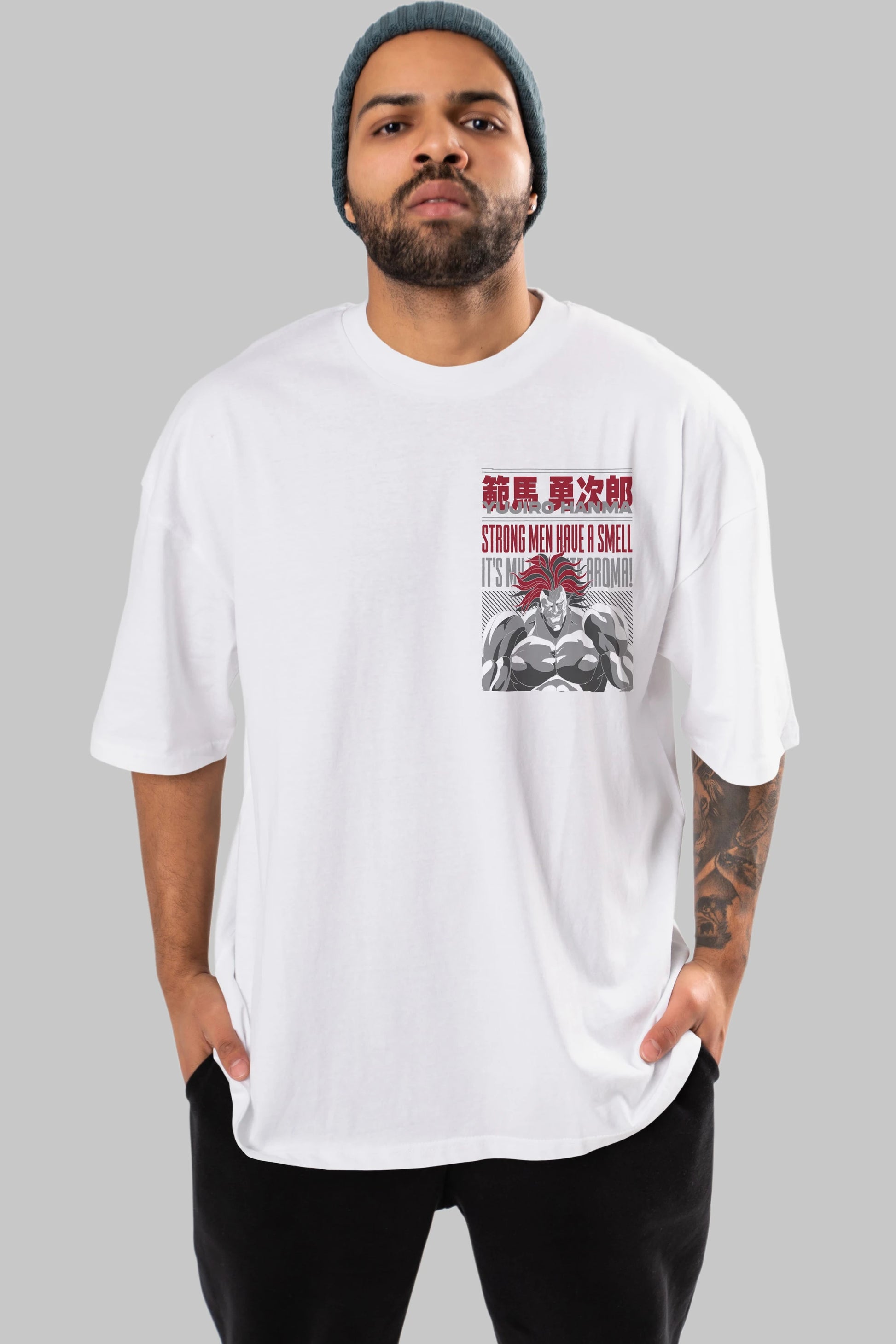 YUJIRO HANMA Ön Sol Baskılı Oversize t-shirt Erkek Kadın Unisex %100 Pamuk Bisiklet Yaka tişort
