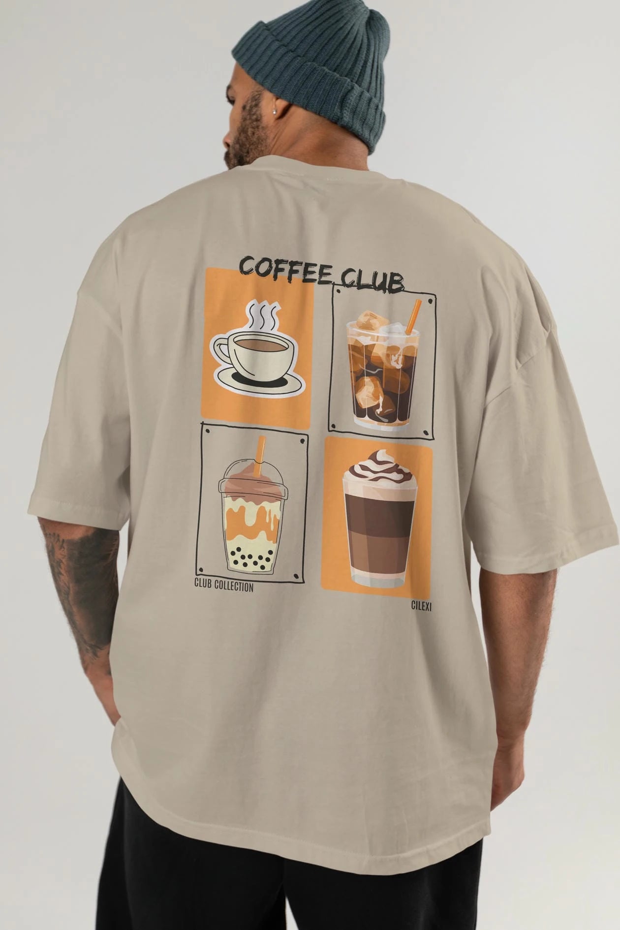 Coffee Club Arka Baskılı Oversize t-shirt Erkek Kadın %100 Pamuk Bisiklet Yaka tişort