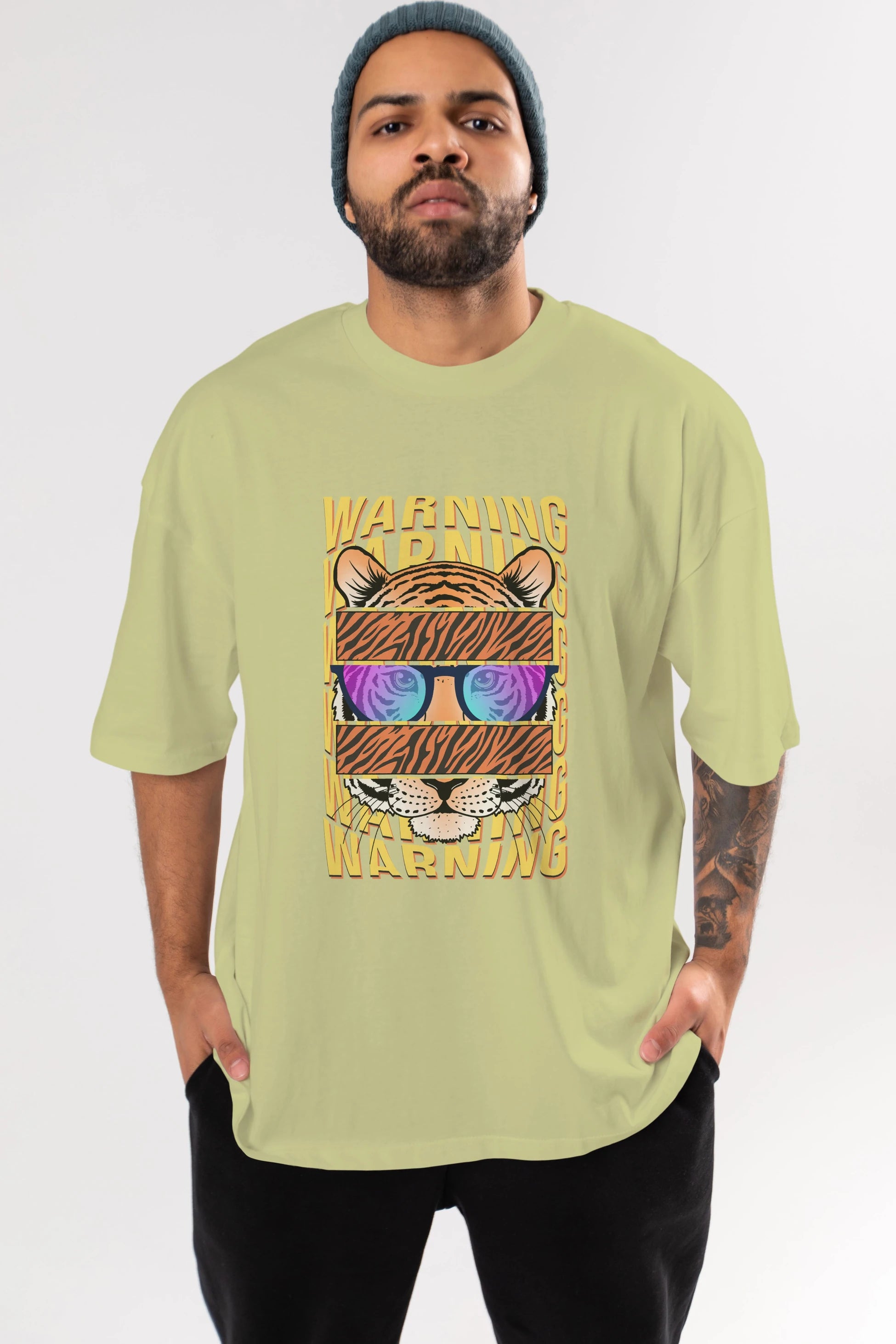 Warning Yazılı Ön Baskılı Oversize t-shirt Erkek Kadın Unisex