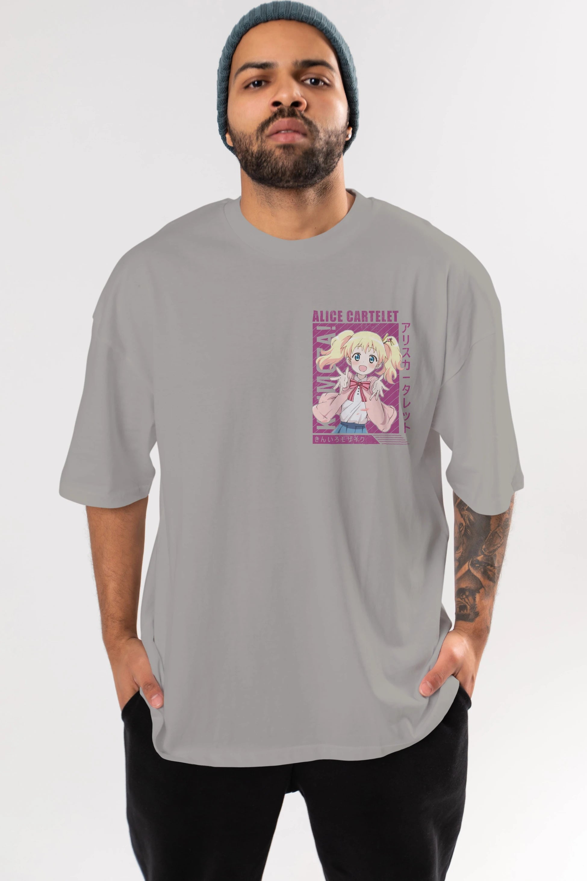 Alice Cartelet 12 Ön Sol Baskılı Oversize t-shirt Erkek Kadın Unisex %100 Pamuk Bisiklet Yaka tişort