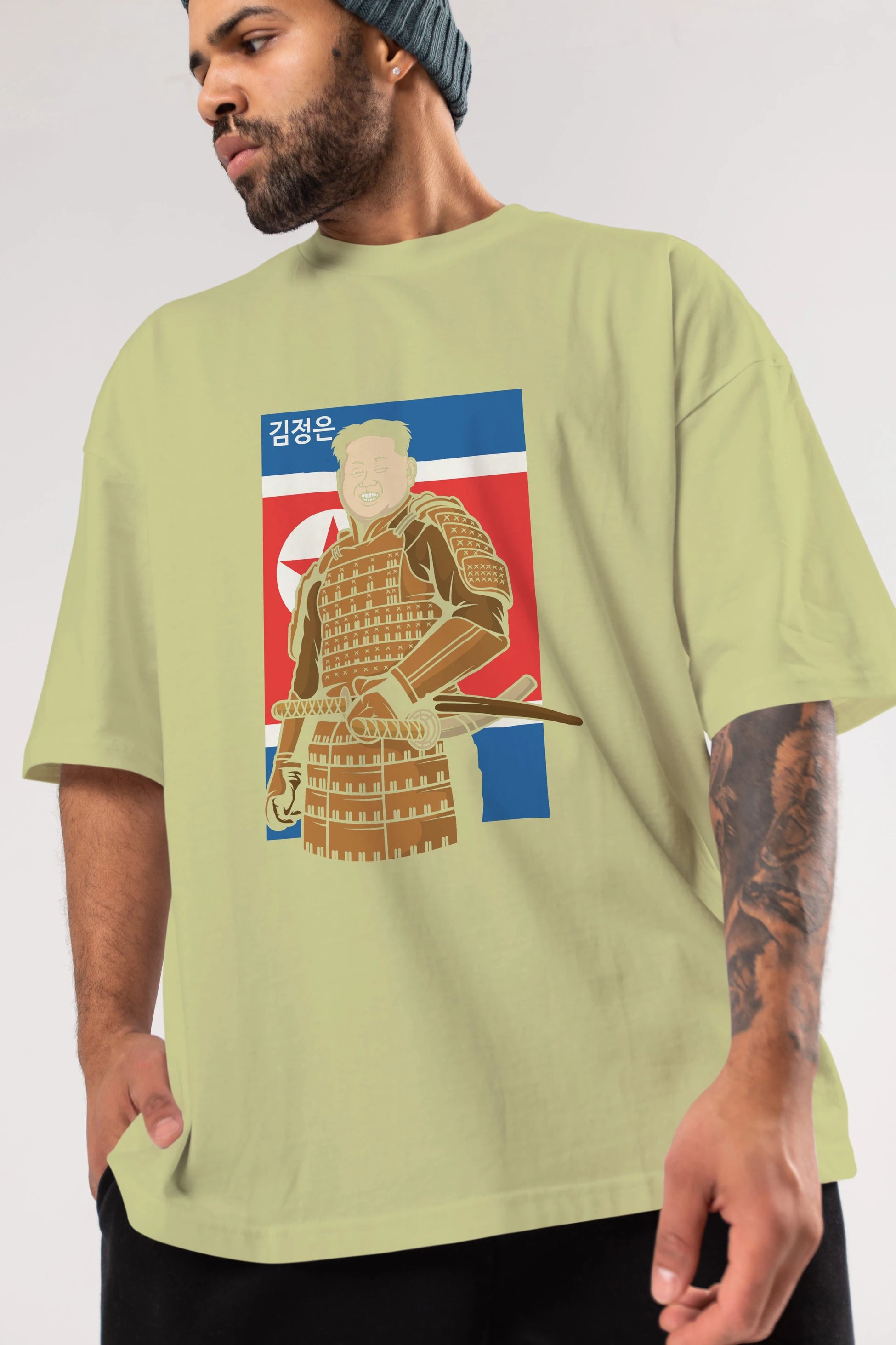 Samurai Jong Un Ön Baskılı Oversize t-shirt Erkek Kadın Unisex %100 Pamuk tişort