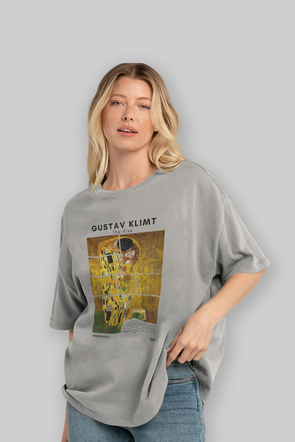 Gustav Klimt The Kiss ön Baskılı Oversize t-shirt Erkek Kadın Bisiklet Yaka Pamuk tişort