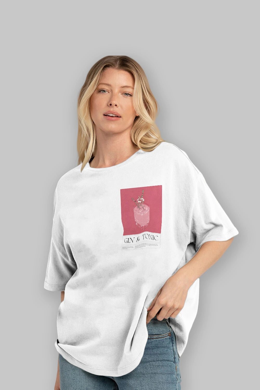 Gin Tonic 4 Ön Sol Baskılı Oversize t-shirt Erkek Kadın Unisex %100 Pamuk Bisiklet Yaka tişort